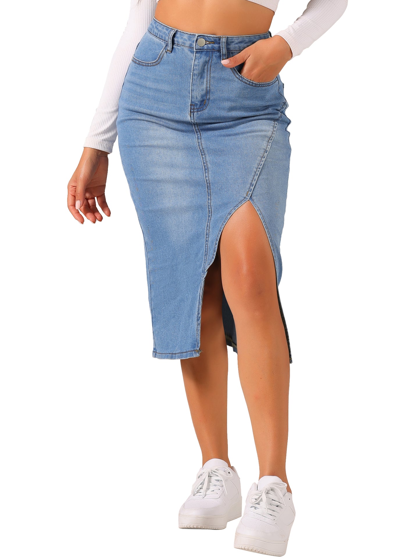 Falda vaquera informal de cintura alta con abertura frontal para mujer