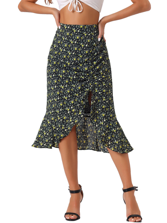 Women's Floral Midi Skirt Summer Casual Drawstring Side Ruffled Skirts
