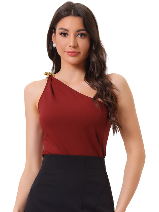 Women's One Shoulder Top Sleeveless Gold Chain Decor Summer Tank Top