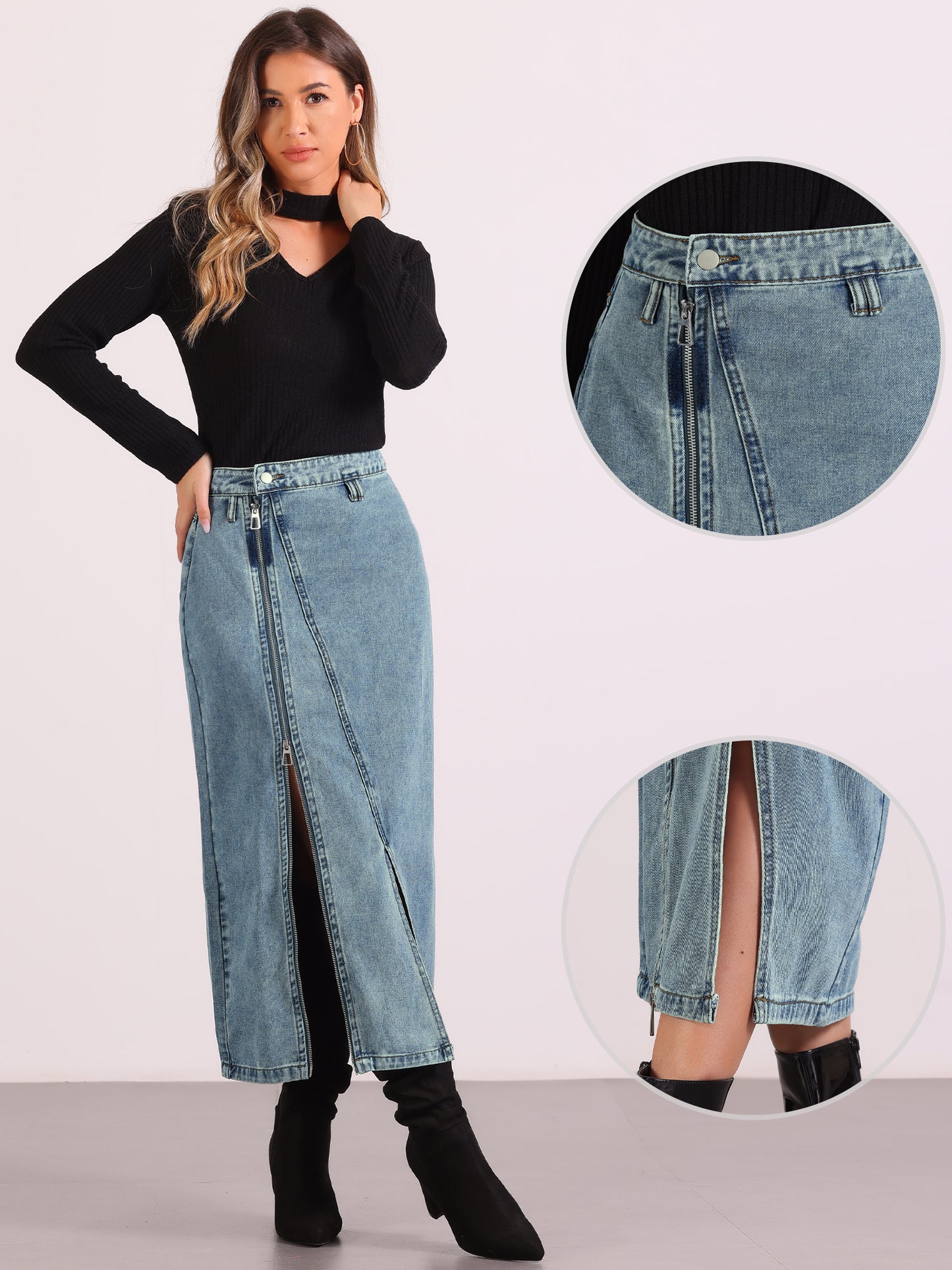 Women's Denim Zipper Front Split Long Skirts with Pockets