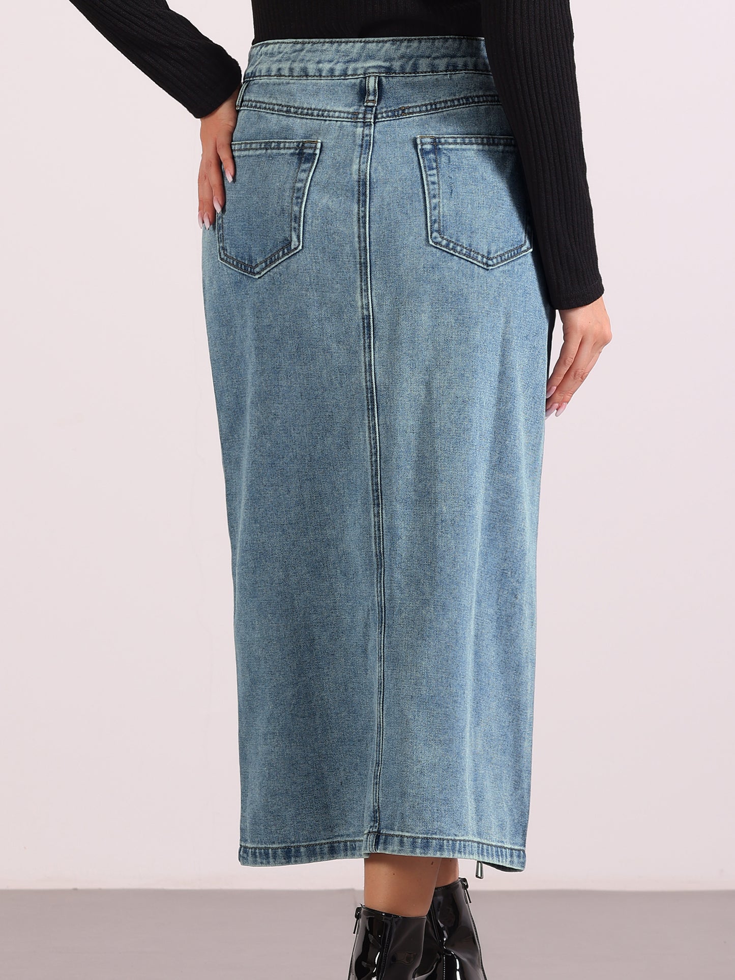 Women's Denim Zipper Front Split Long Skirts with Pockets
