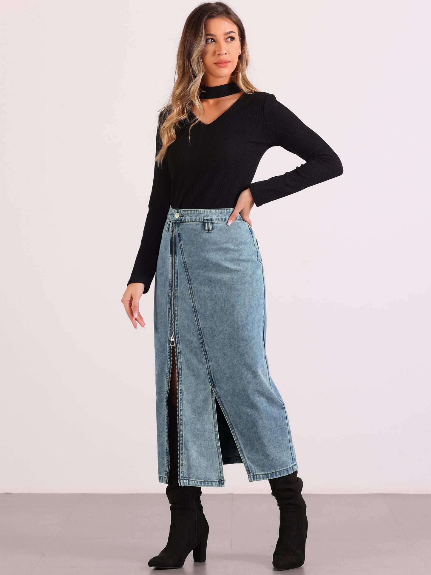 Women's Denim Zipper Front Split Long Skirts with Pockets