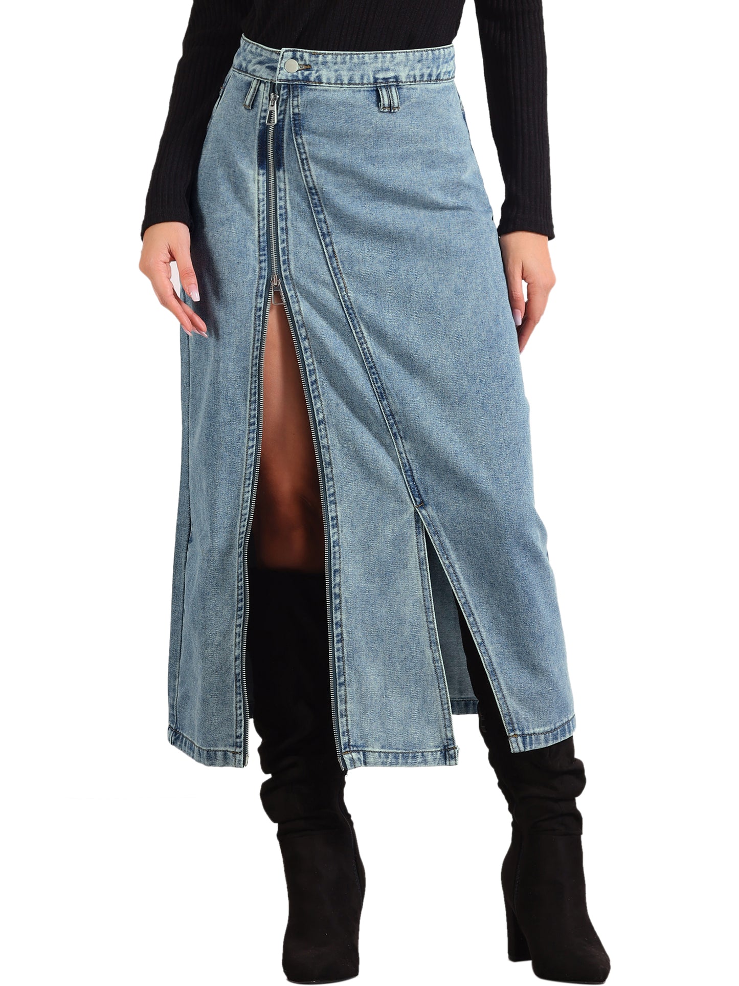 Women's Denim Zipper Front Split Long Skirts with Pockets