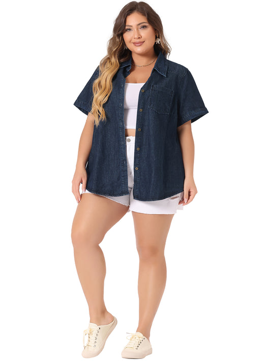 Women Plus Size Denim Shirt Jean Western Shirts Short Sleeve Button Down Top
