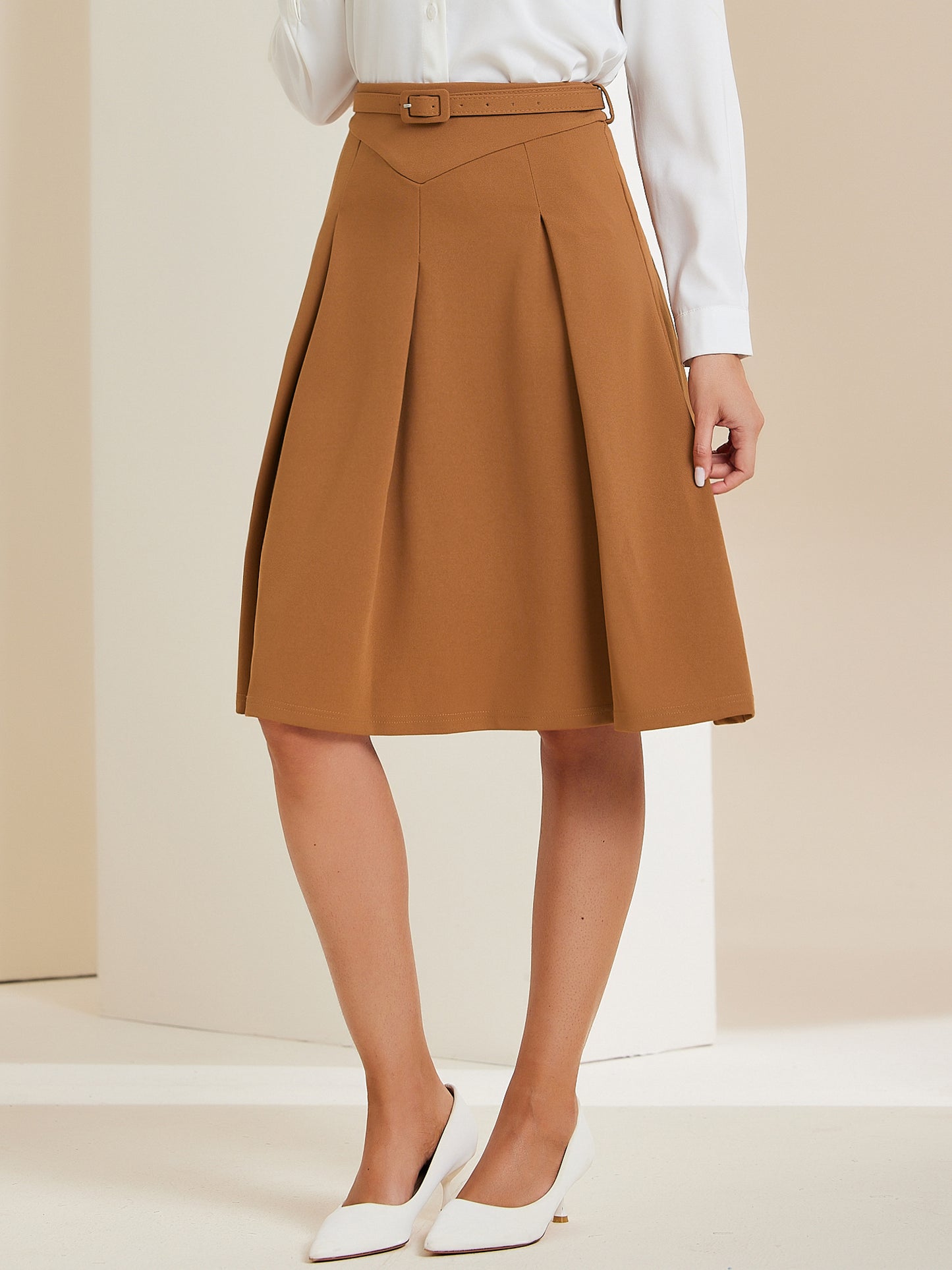 Women's Office Work Skirts Belted Waist Midi A-Line Pleated Skirt