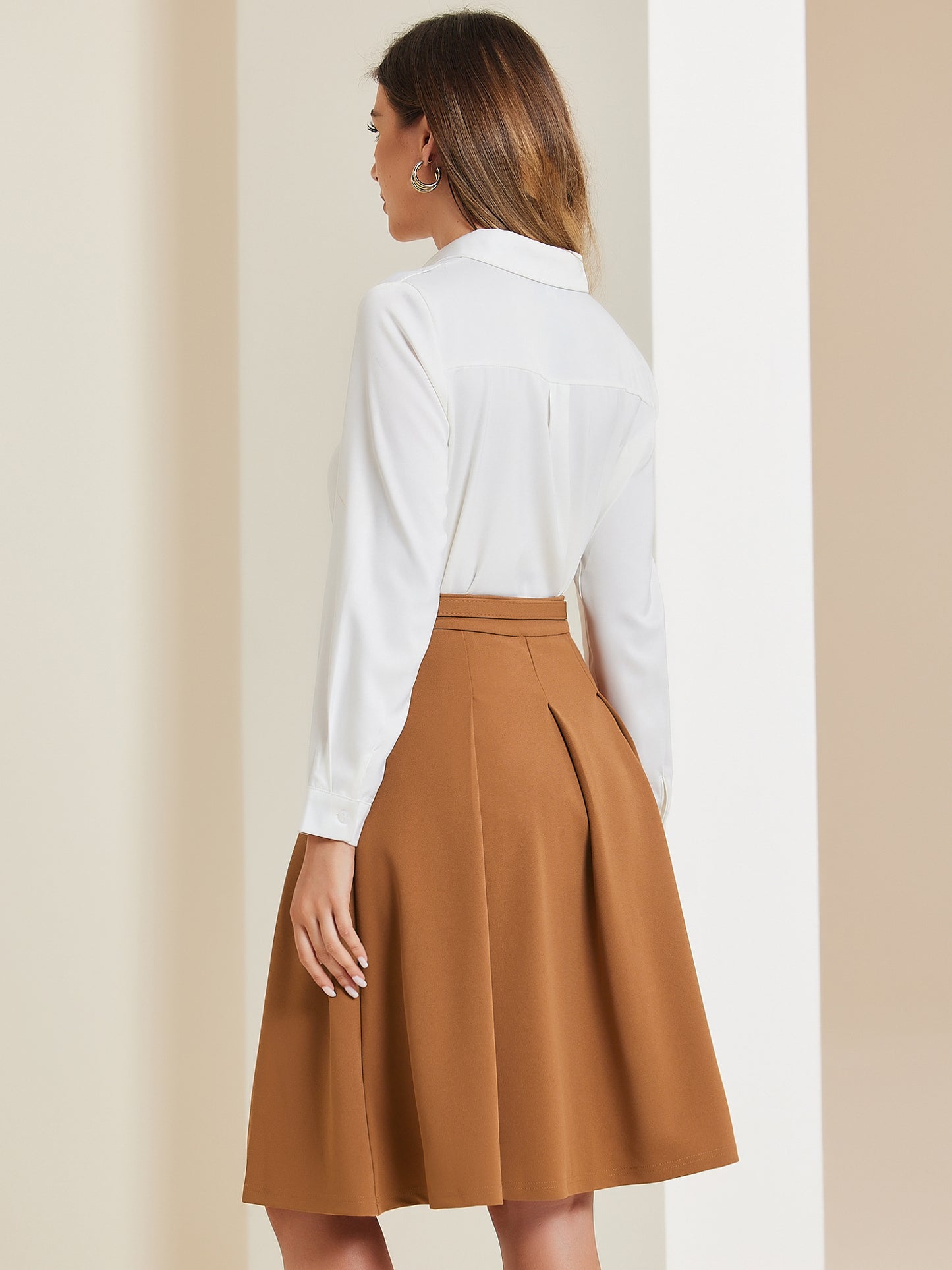 Women's Office Work Skirts Belted Waist Midi A-Line Pleated Skirt