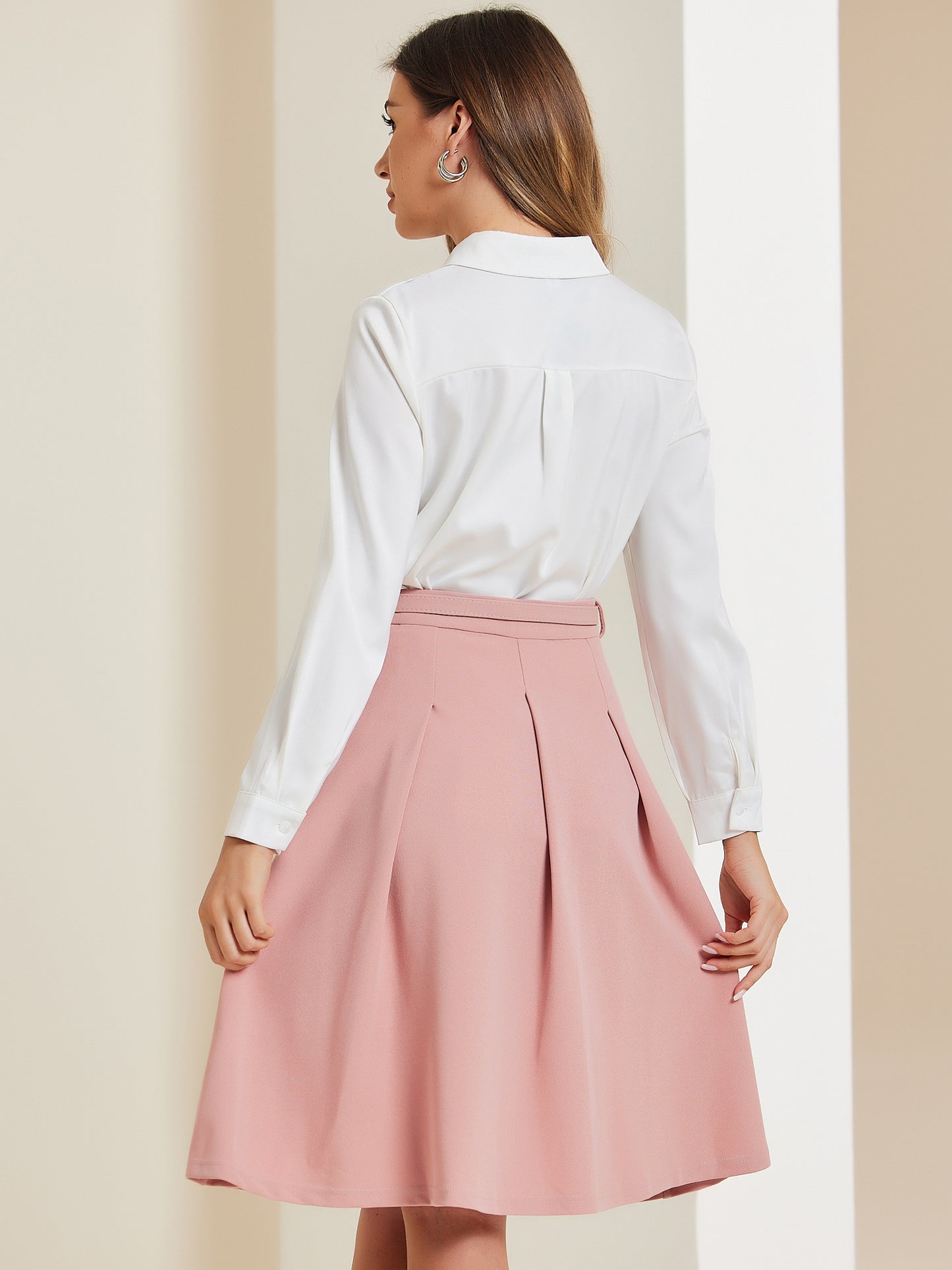 Women's Office Work Skirts Belted Waist Midi A-Line Pleated Skirt