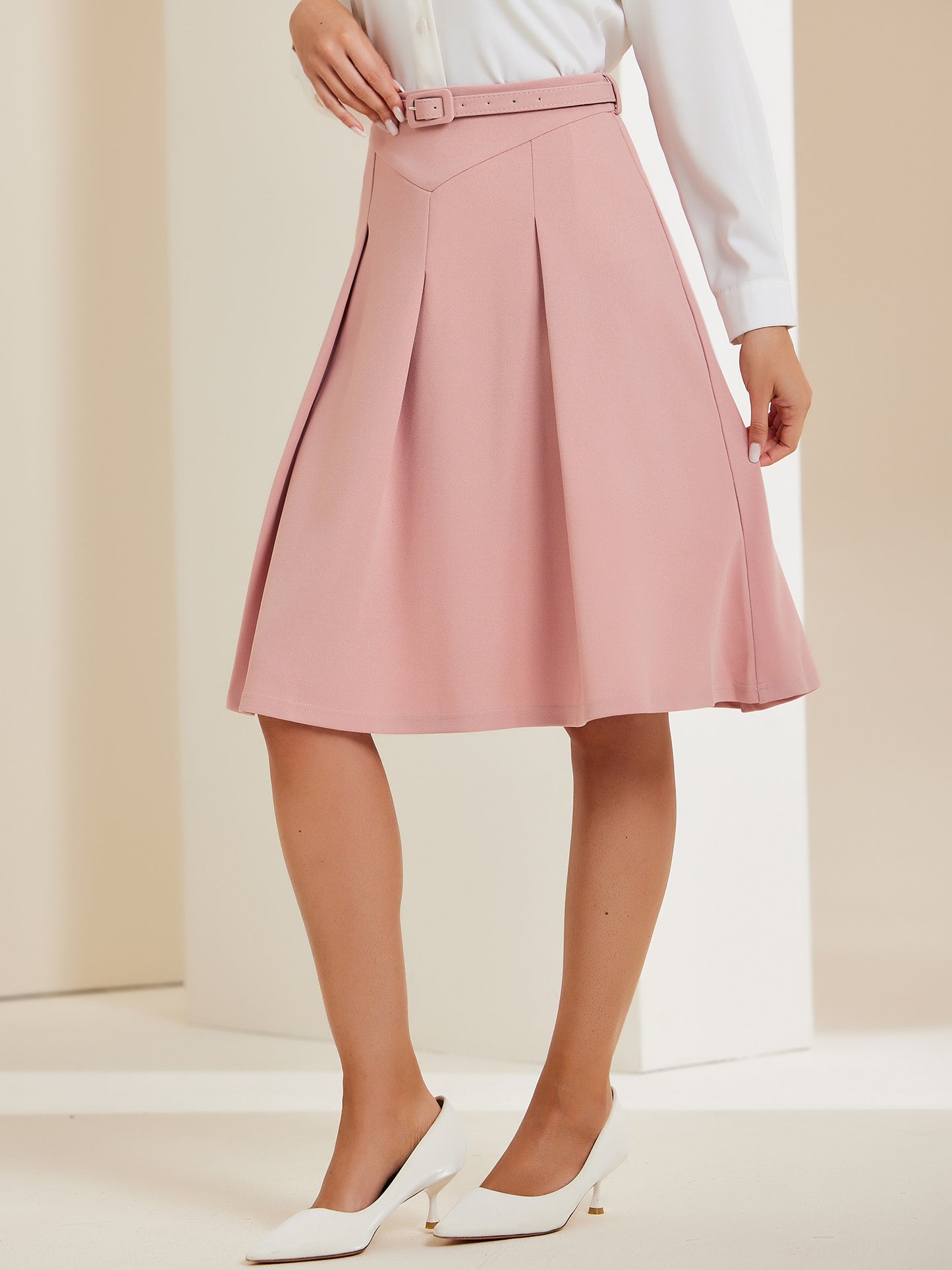 Women's Office Work Skirts Belted Waist Midi A-Line Pleated Skirt