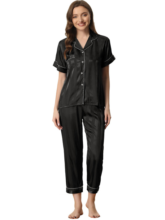 Conjunto de pijama de satén con botones y manga corta a rayas para mujer, pantalón largo y sedoso