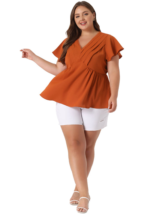Women Plus Size Top Summer Flare Sleeve V Neck Lace Front Work Peplum Blouse