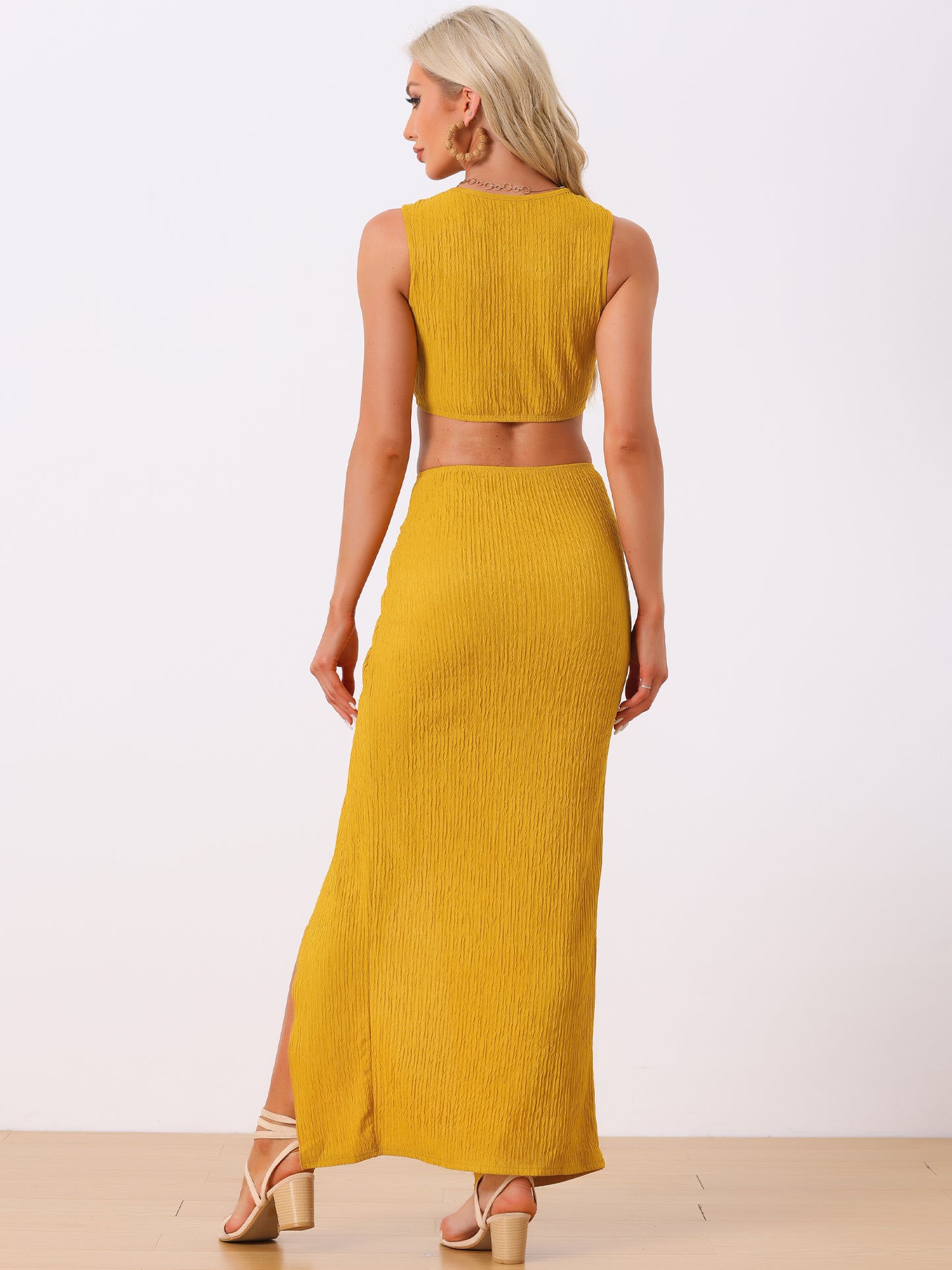 Women's 2 Pieces Skirt Set Sleeveless Tank Top Tie Front Split Midi Skirt