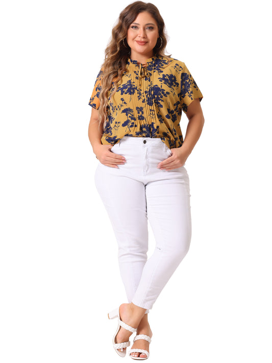 Women Plus Size Tie Neck Short Sleeve Pleated Floral Summer Blouse