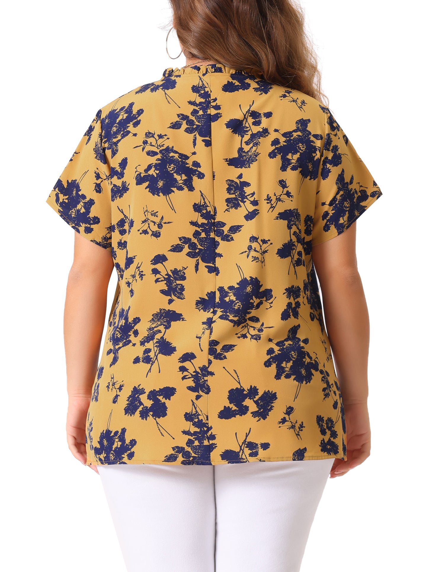 Women Plus Size Tie Neck Short Sleeve Pleated Floral Summer Blouse