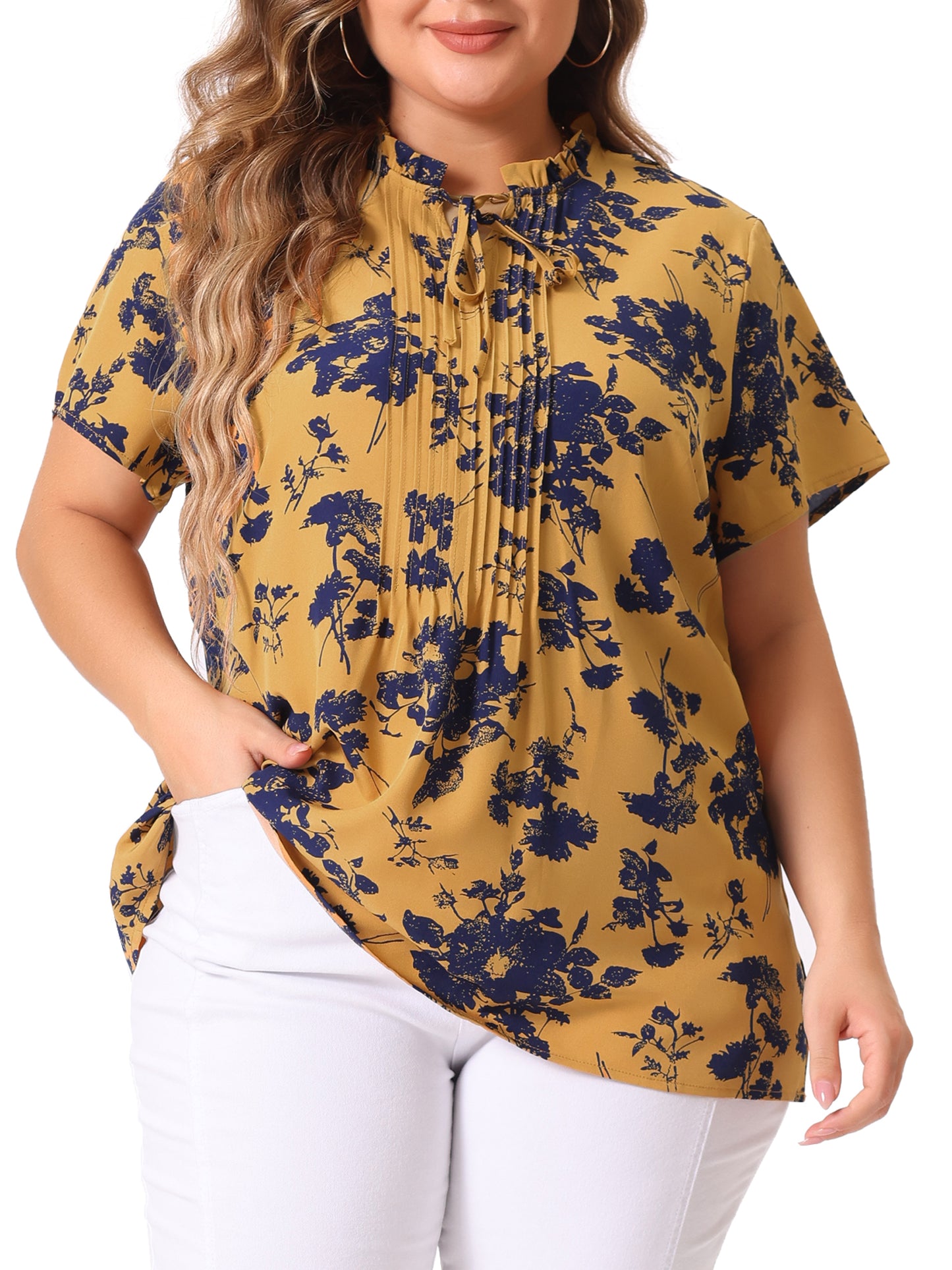 Women Plus Size Tie Neck Short Sleeve Pleated Floral Summer Blouse