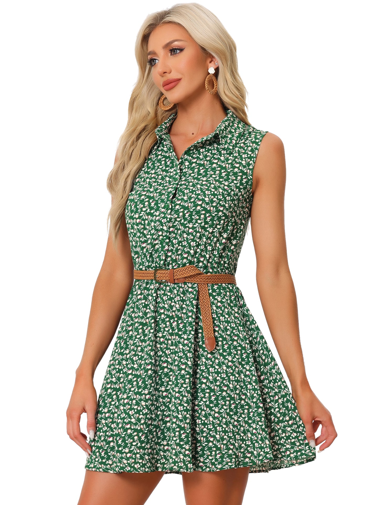 Women's Floral Printed Half Placket Above Knee Summer Sleeveless Belted Dress