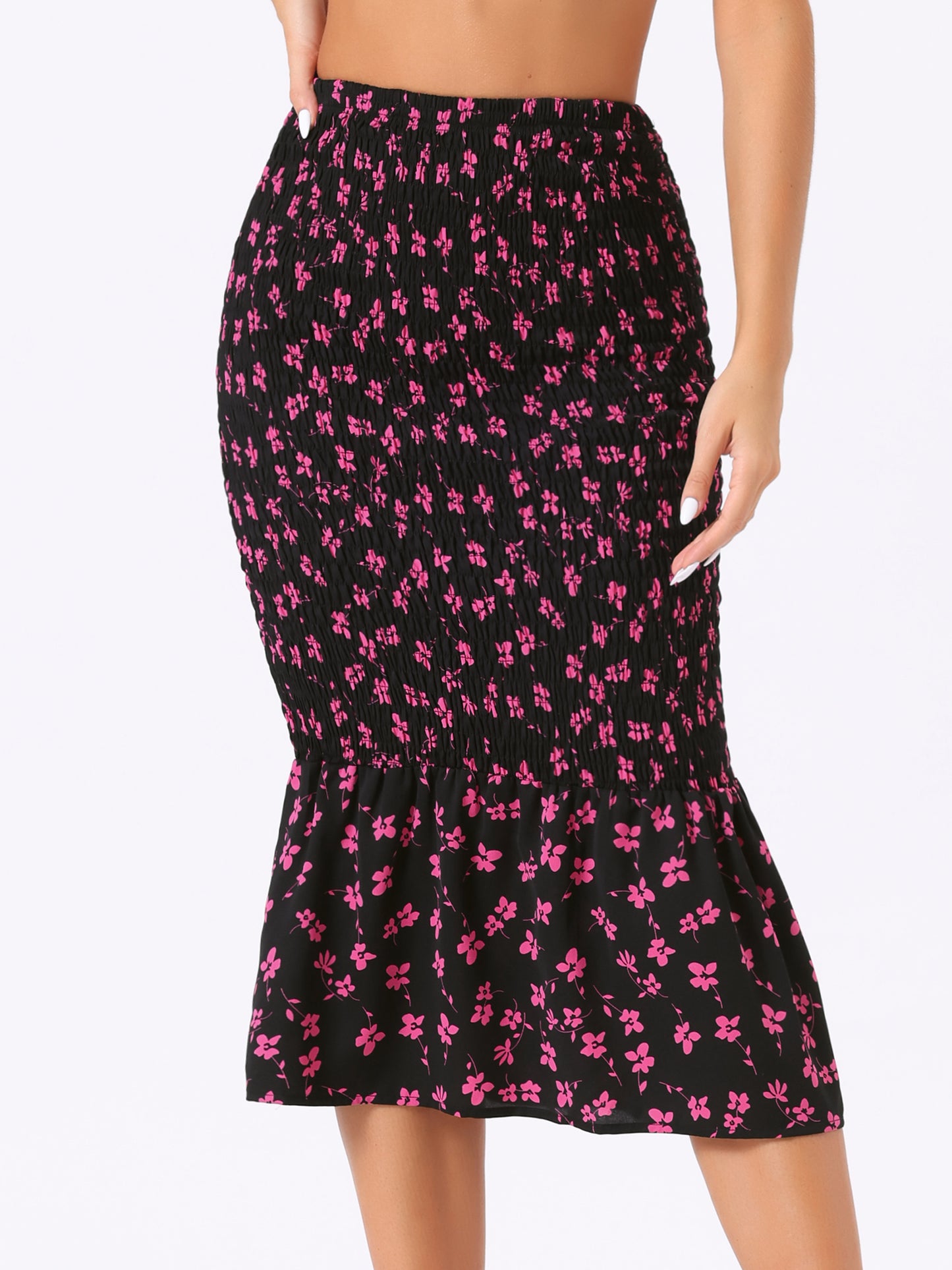 Falda midi floral para mujer, de cintura alta, ajustada, estilo sirena, con fruncido