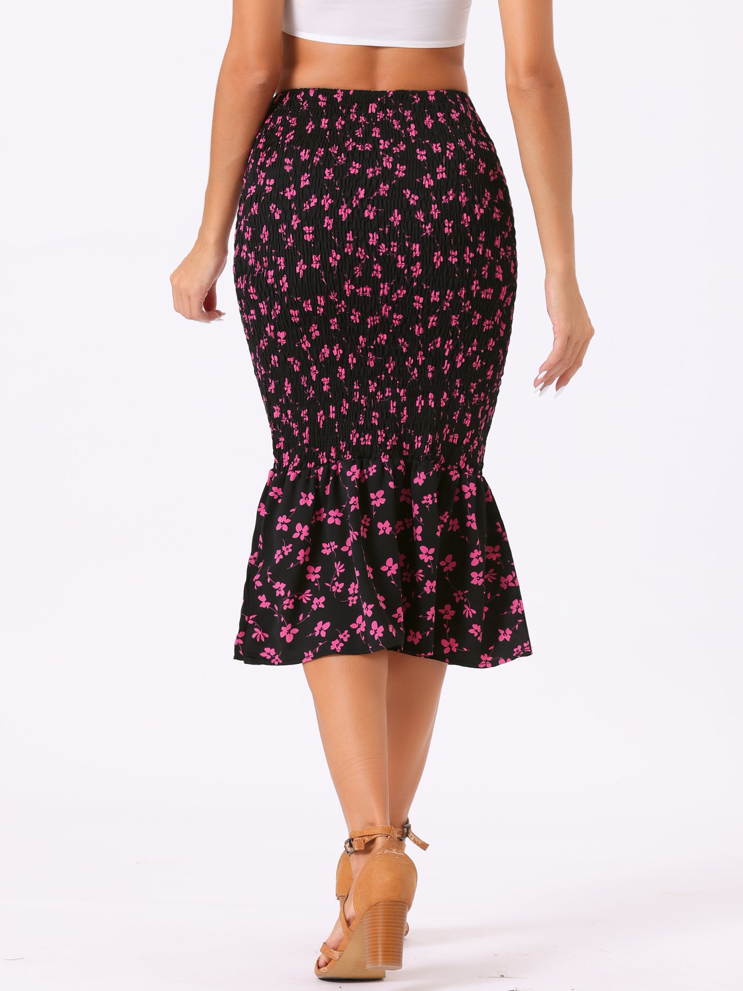 Falda midi floral para mujer, de cintura alta, ajustada, estilo sirena, con fruncido