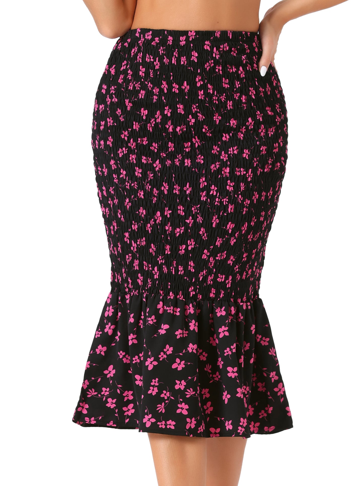 Falda midi floral para mujer, de cintura alta, ajustada, estilo sirena, con fruncido