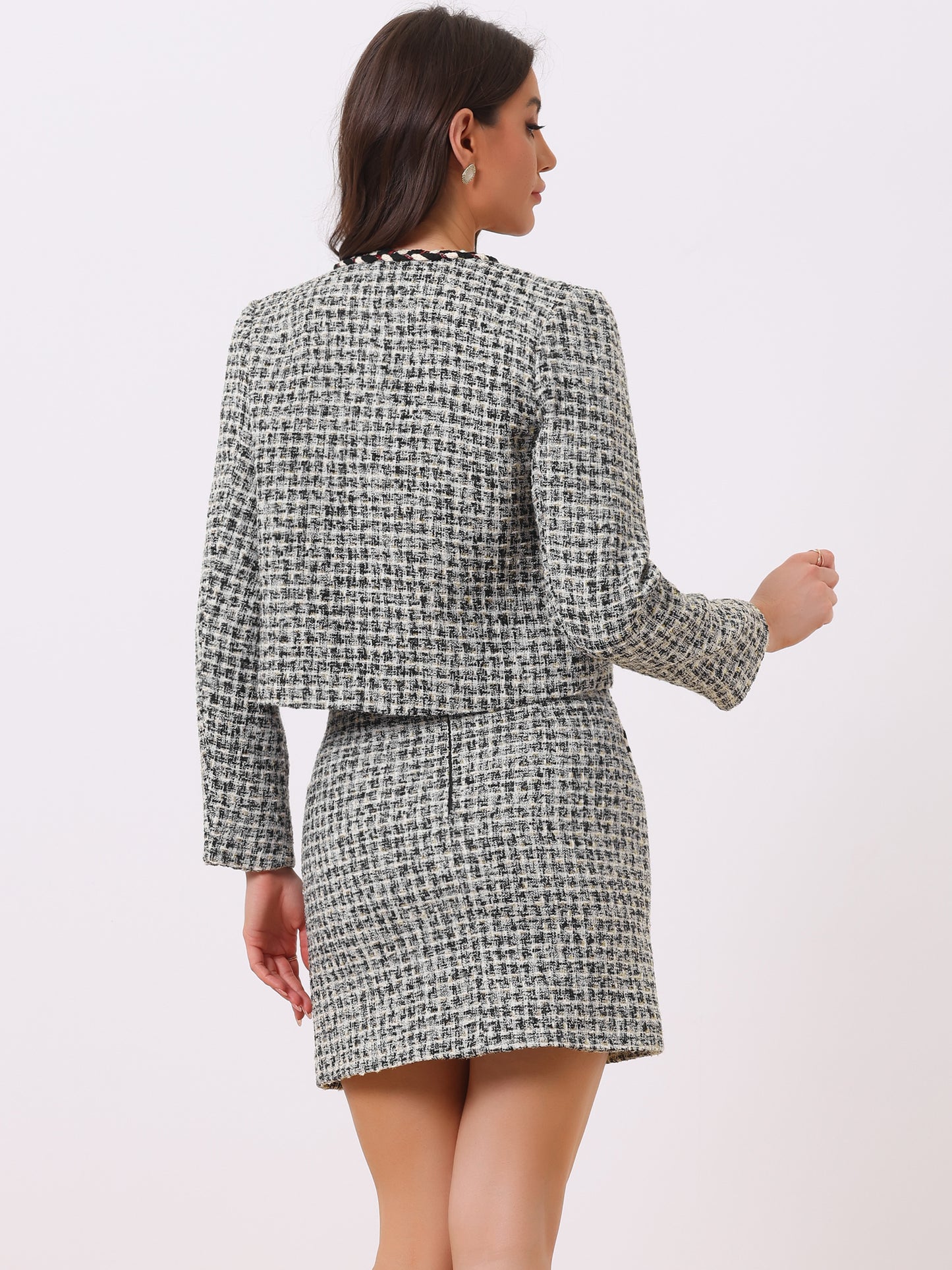 Women's Two Piece Business Tweed Collarless Blazer and Mini Skirt Set