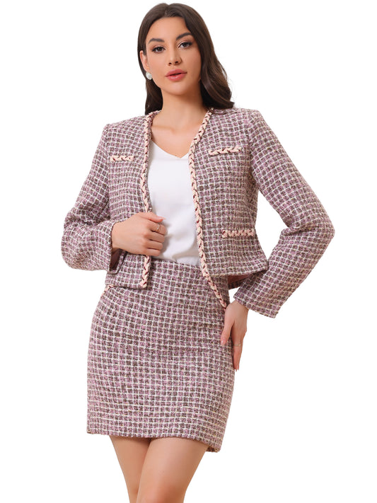 Women's Two Piece Business Tweed Collarless Blazer and Mini Skirt Set