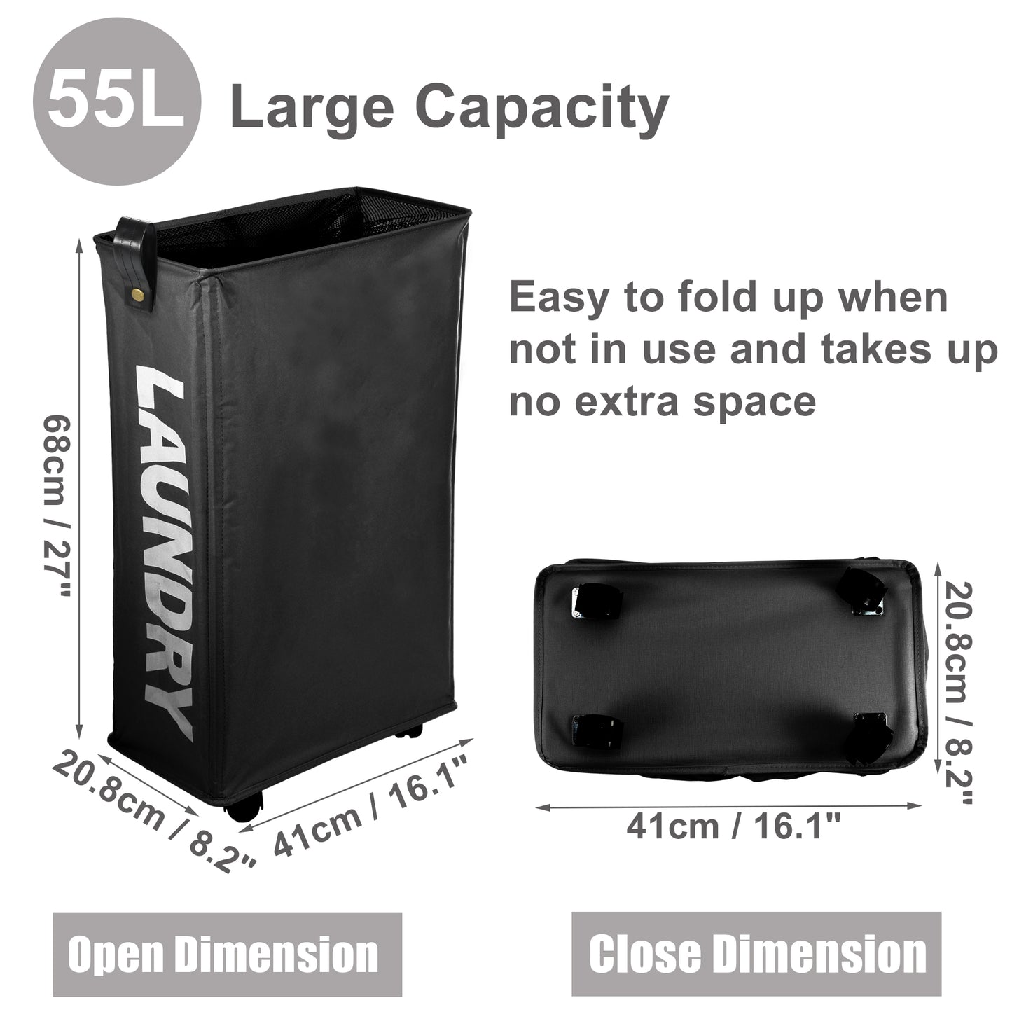 Laundry Basket With Wheels, 27" Slim Tall Rolling Laundry Basket, 55L Black