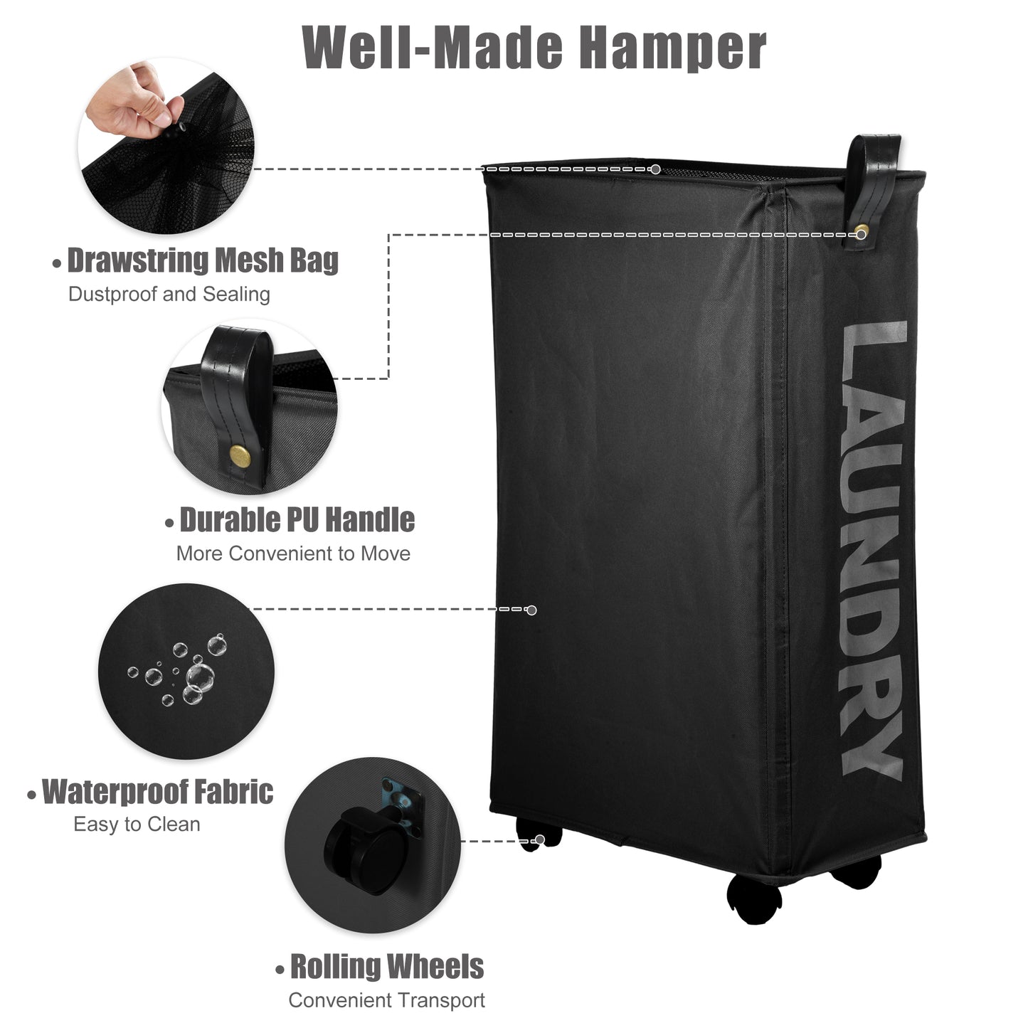 Laundry Basket With Wheels, 27" Slim Tall Rolling Laundry Basket, 55L Black