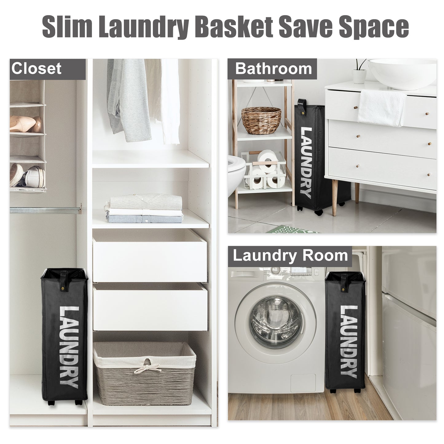 Laundry Basket With Wheels, 27" Slim Tall Rolling Laundry Basket, 55L Black