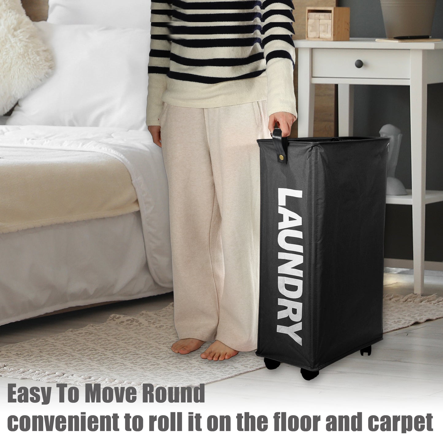 Laundry Basket With Wheels, 27" Slim Tall Rolling Laundry Basket, 55L Black