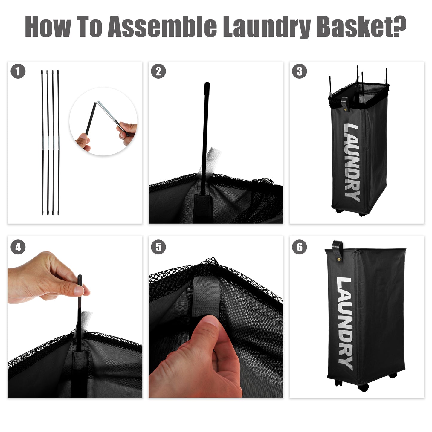 Laundry Basket With Wheels, 27" Slim Tall Rolling Laundry Basket, 55L Black