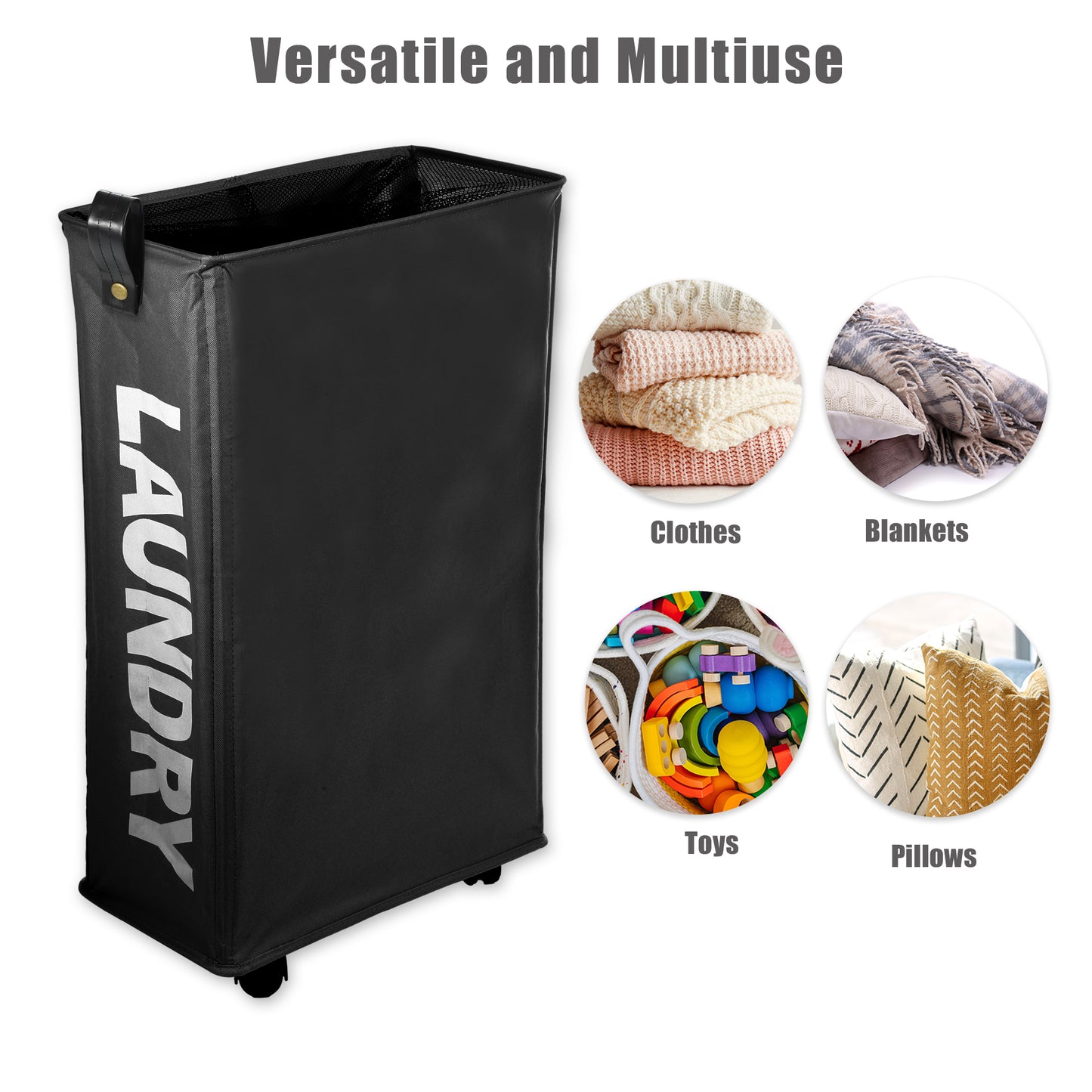 Laundry Basket With Wheels, 27" Slim Tall Rolling Laundry Basket, 55L Black