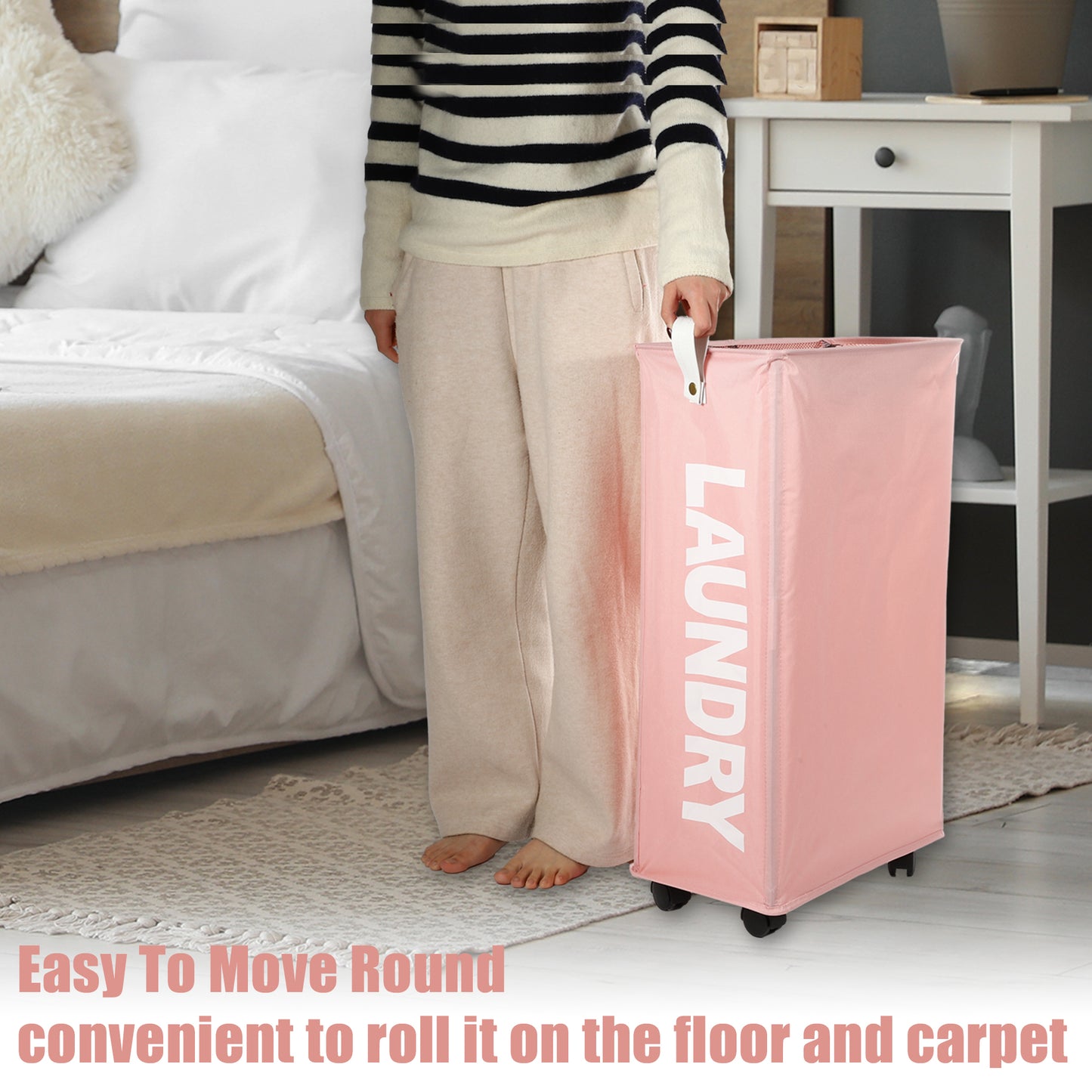 Laundry Basket With Wheels, 27" Slim Tall Rolling Laundry Basket, 55L Pink