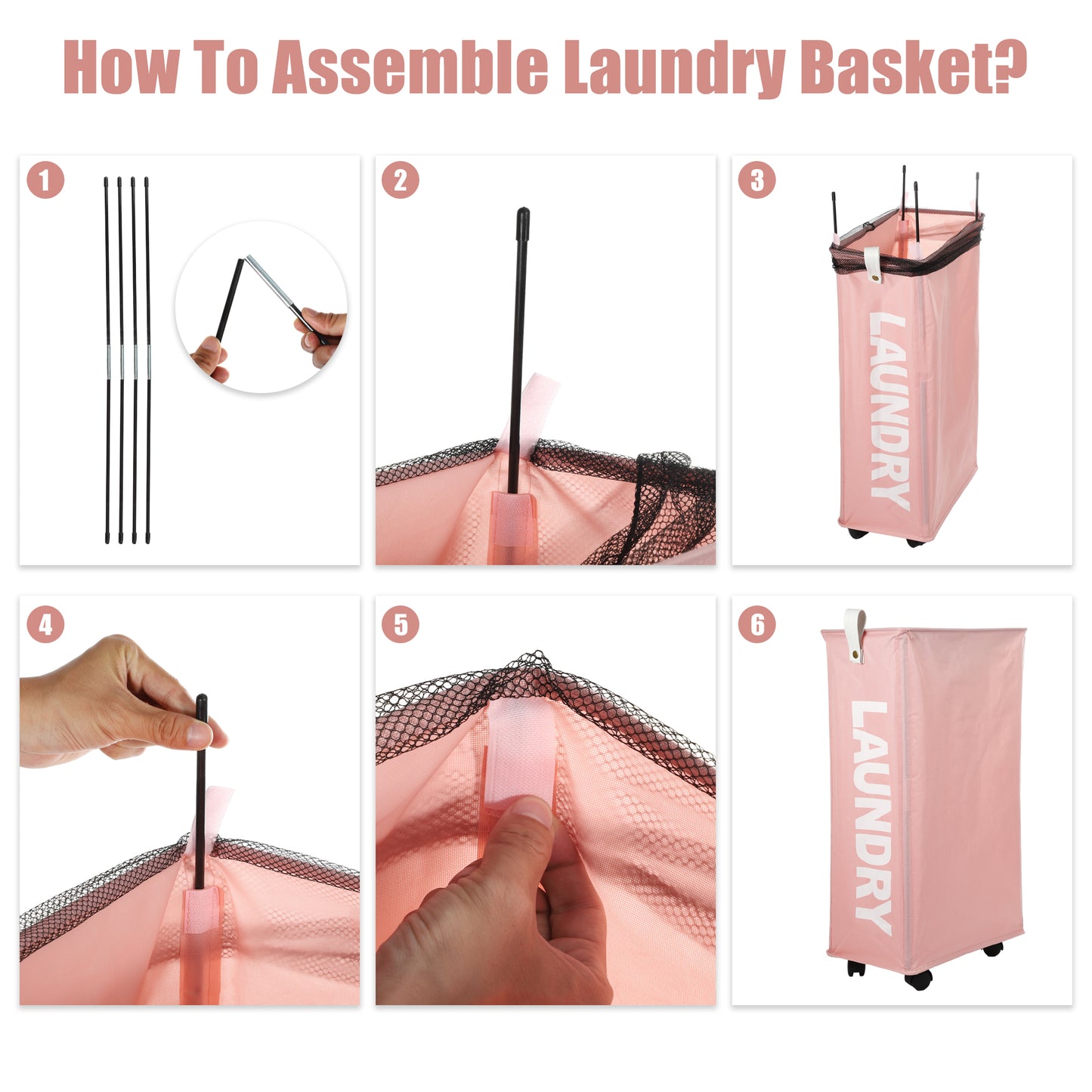 Laundry Basket With Wheels, 27" Slim Tall Rolling Laundry Basket, 55L Pink