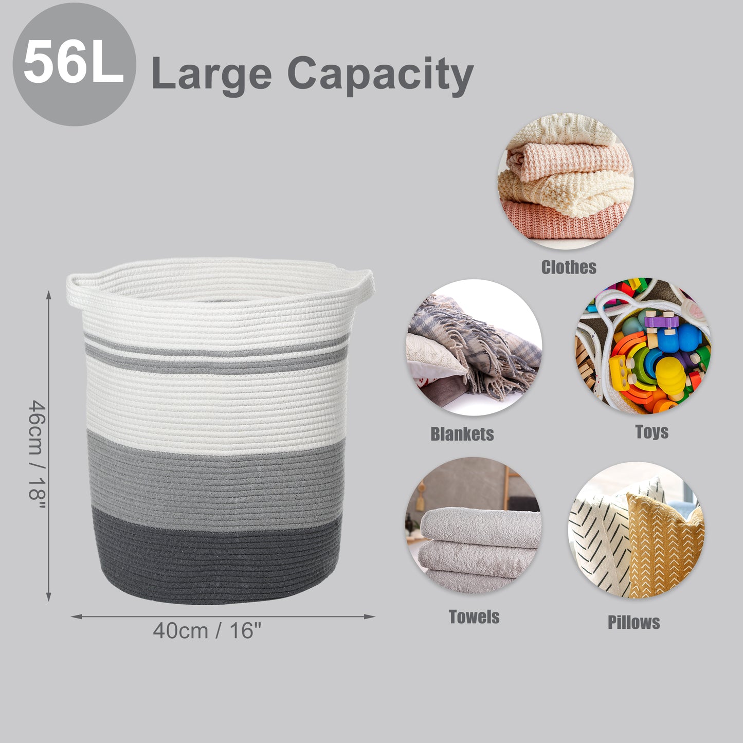 Laundry Basket Hamper, 16"x18" Tall Woven Bohemia Laundry Basket, 56L Gray