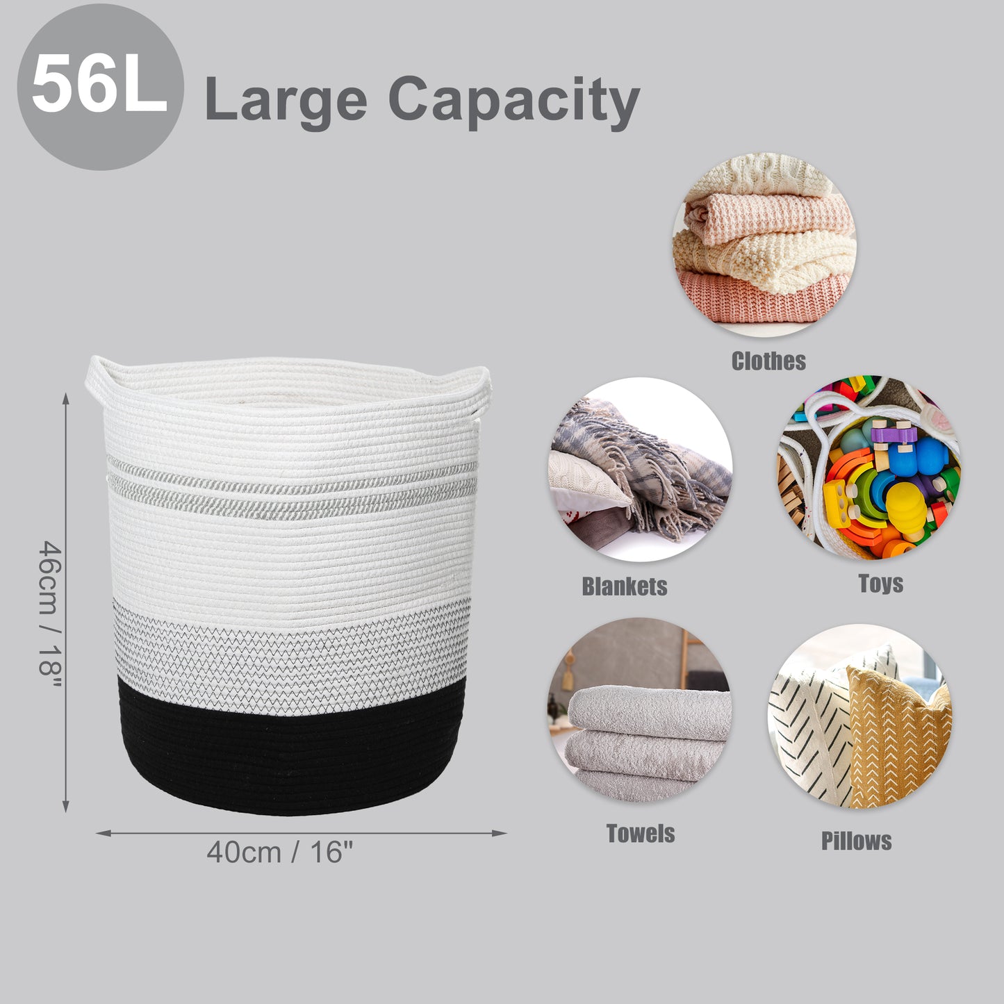 Laundry Basket Hamper, 16"x18" Tall Woven Bohemia Laundry Basket, 56L Black