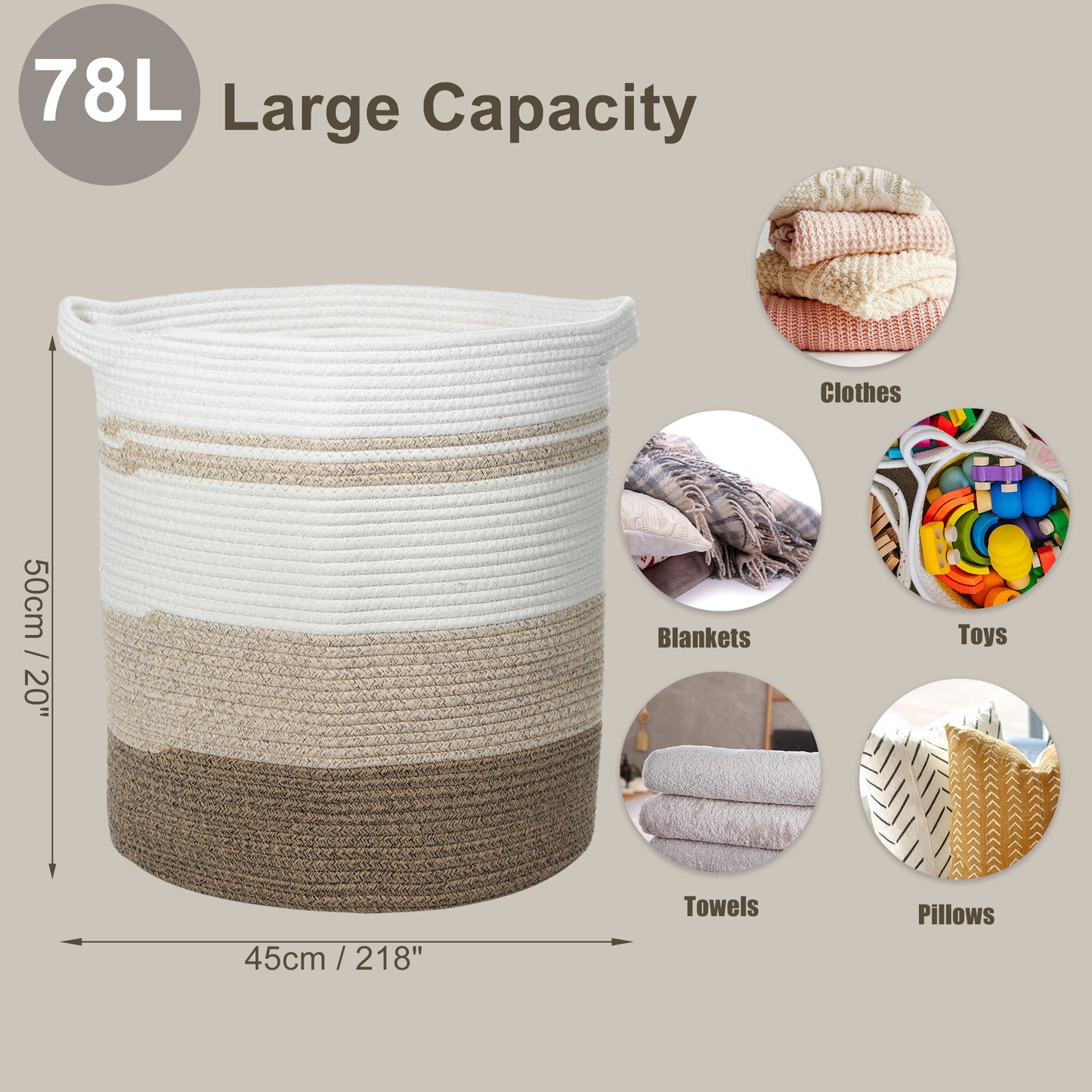 Laundry Basket Hamper, 16"x18" Tall Woven Bohemia Laundry Basket, 78L Coffee Color