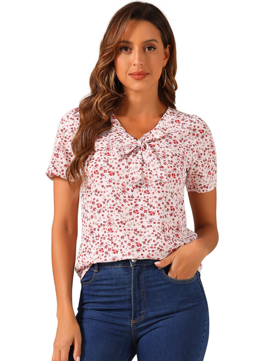 Blusa estampada de manga corta con cuello en V y pajarita para mujer