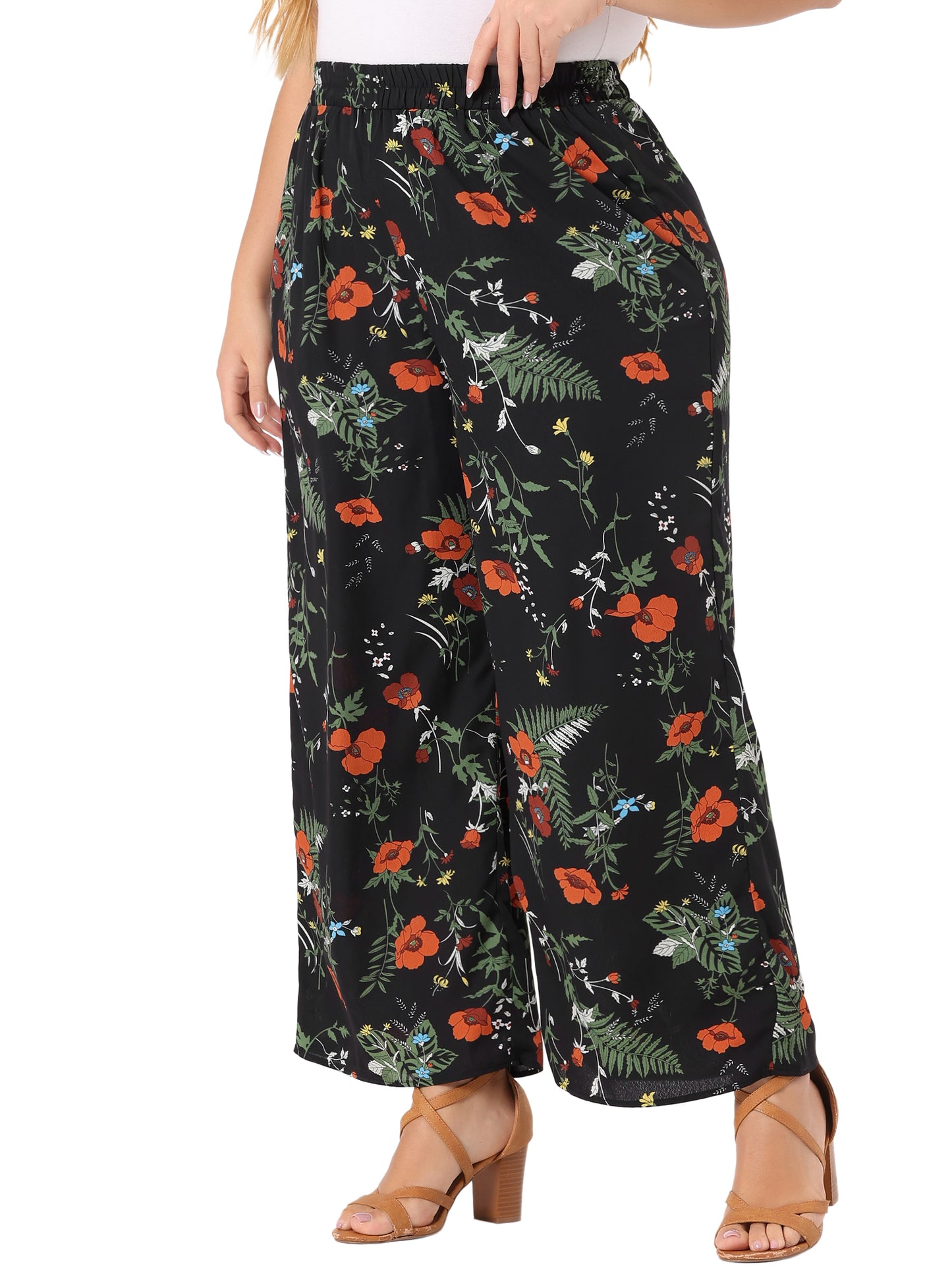 Women Plus Size Palazzo Pants Chiffon Casual Boho High Waist Wide Leg Pant with Pockets