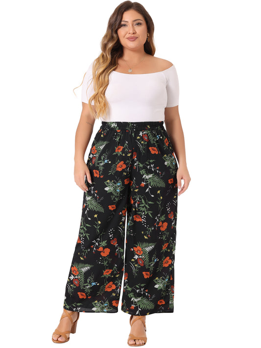 Women Plus Size Palazzo Pants Chiffon Casual Boho High Waist Wide Leg Pant with Pockets