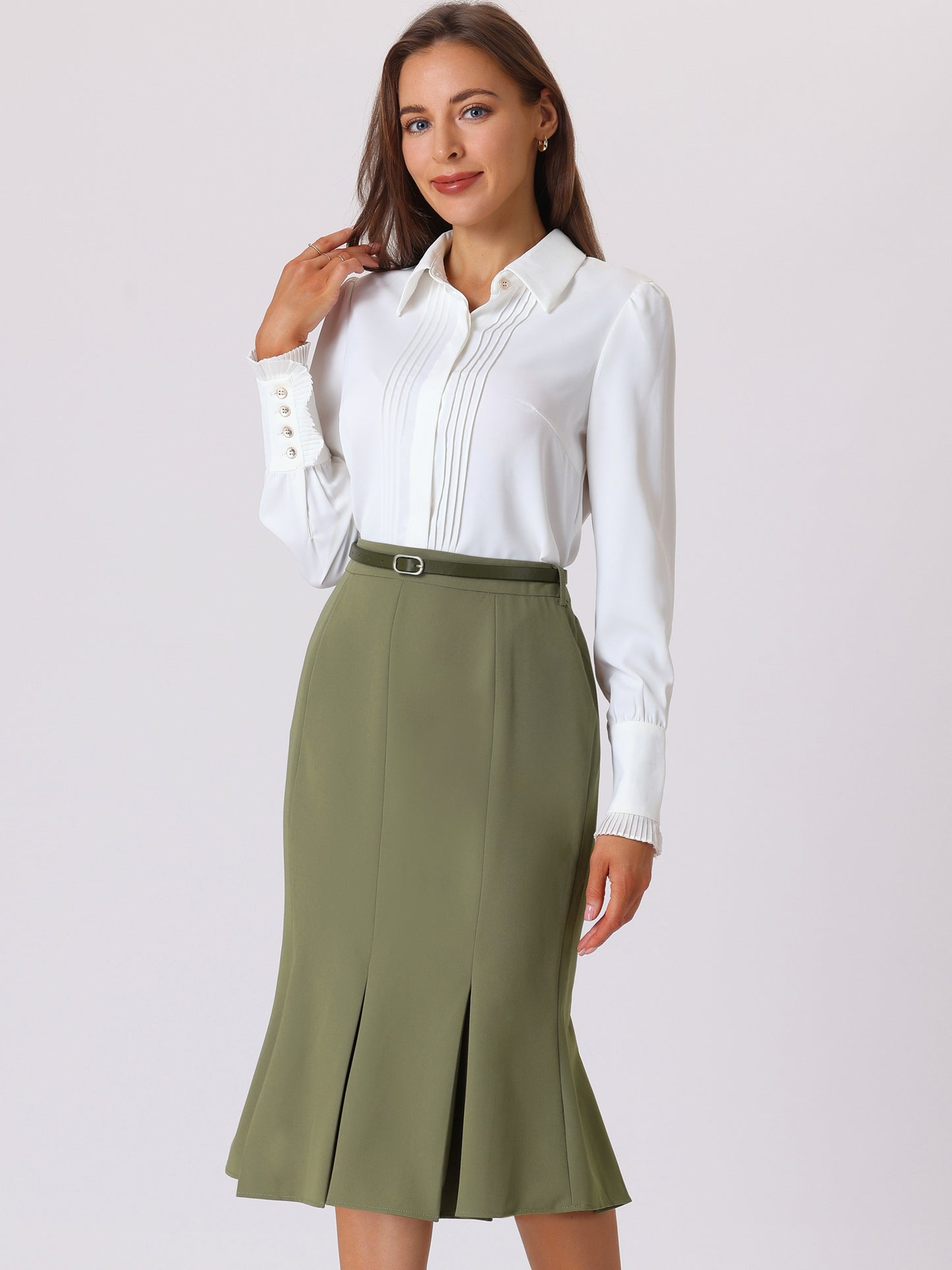 Women's Elegant Formal Skirt with Belt Knee Length Fishtail Pencil Skirt