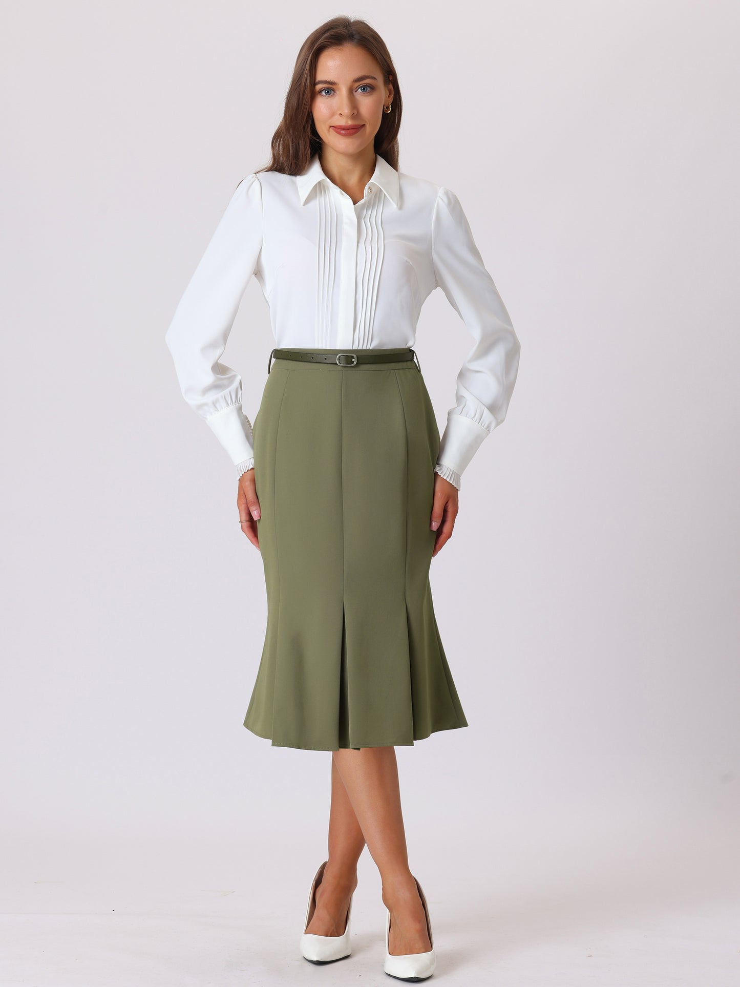 Women's Elegant Formal Skirt with Belt Knee Length Fishtail Pencil Skirt