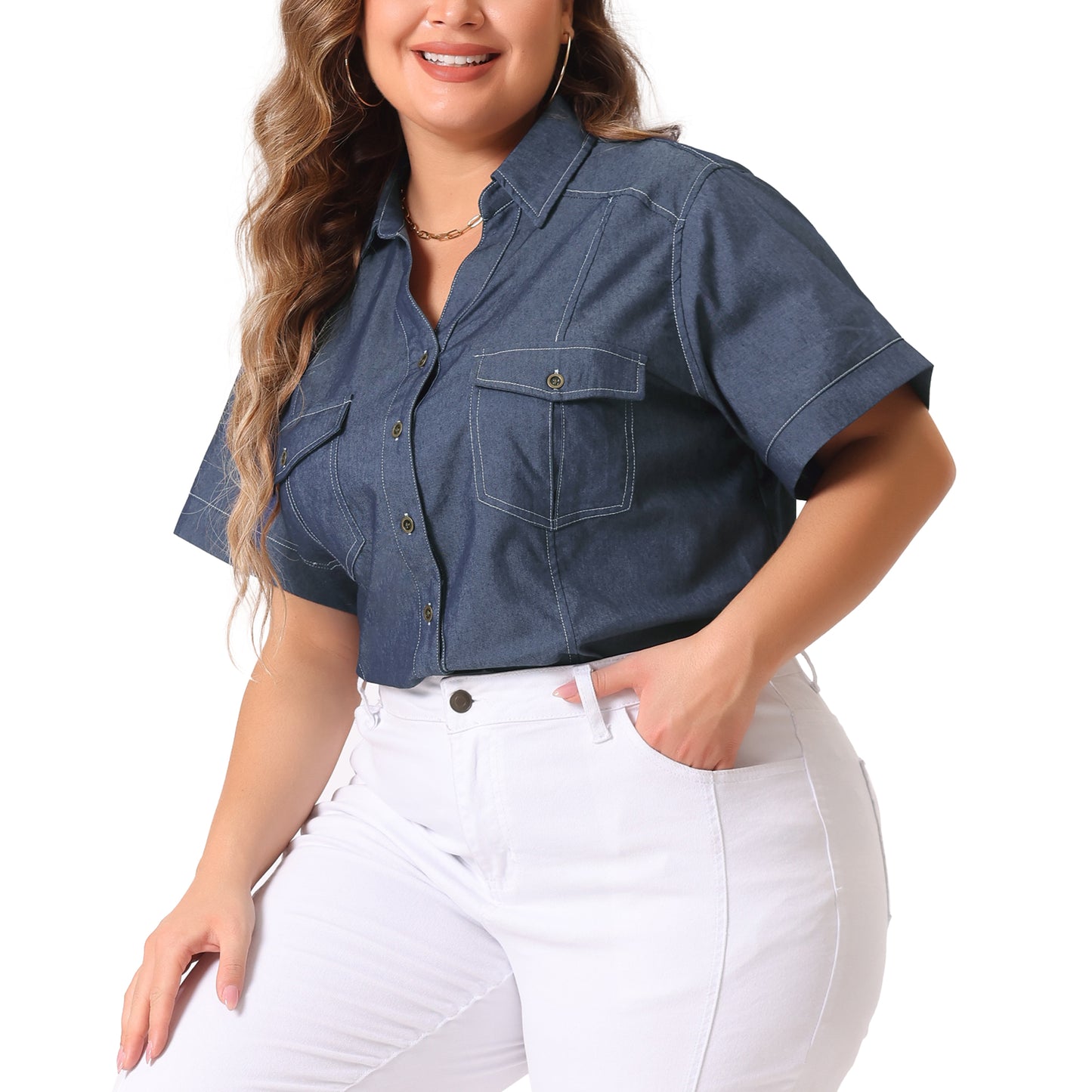 Women Plus Size Chambray Shirt Work Short Sleeve Chambray Button Down Top