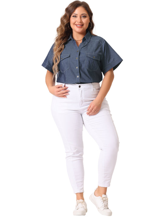 Women Plus Size Chambray Shirt Work Short Sleeve Chambray Button Down Top