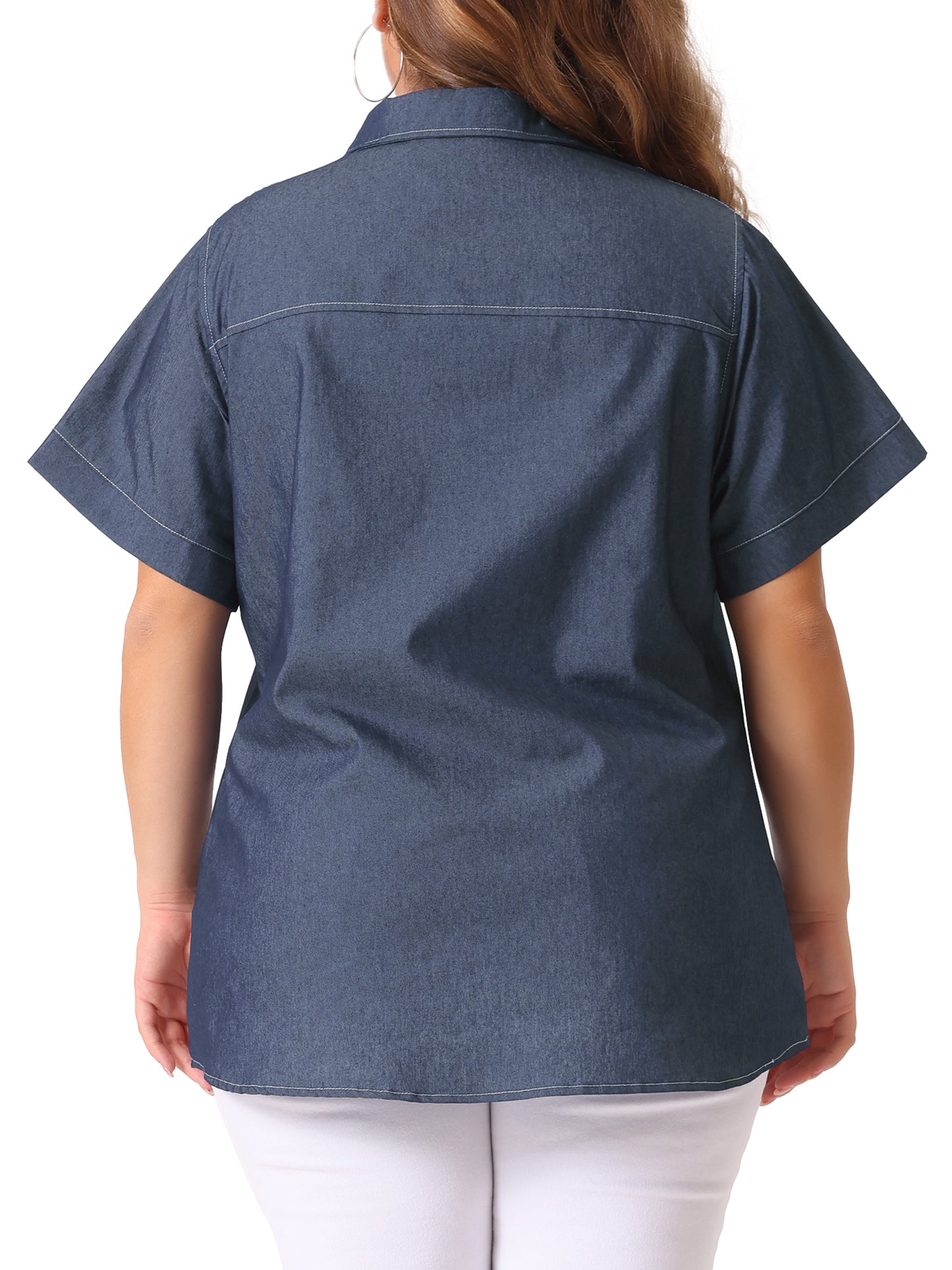 Women Plus Size Chambray Shirt Work Short Sleeve Chambray Button Down Top