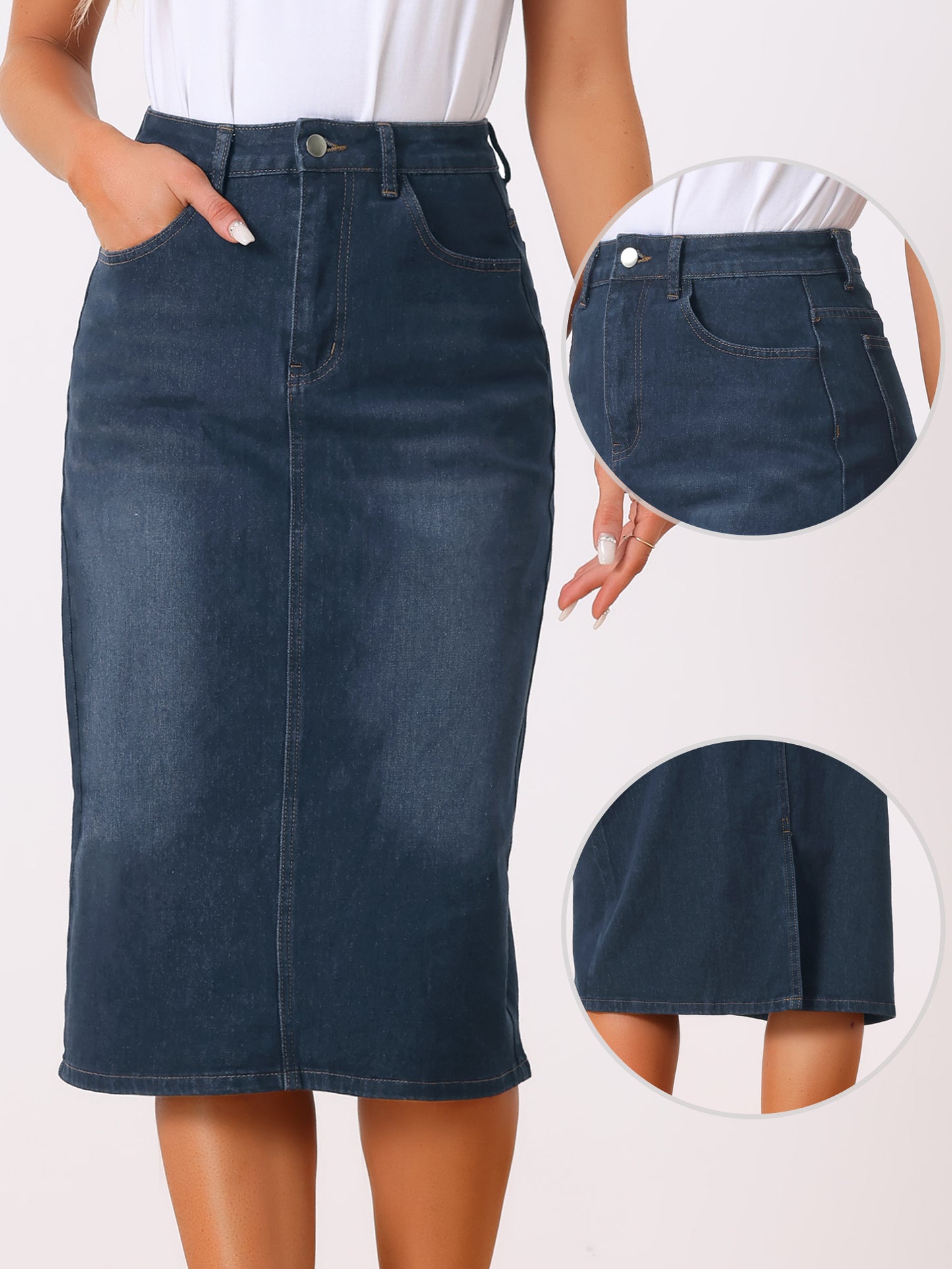 Women's Casual Denim Skirt High Waist Split Back Pockets Midi Jean Skirt