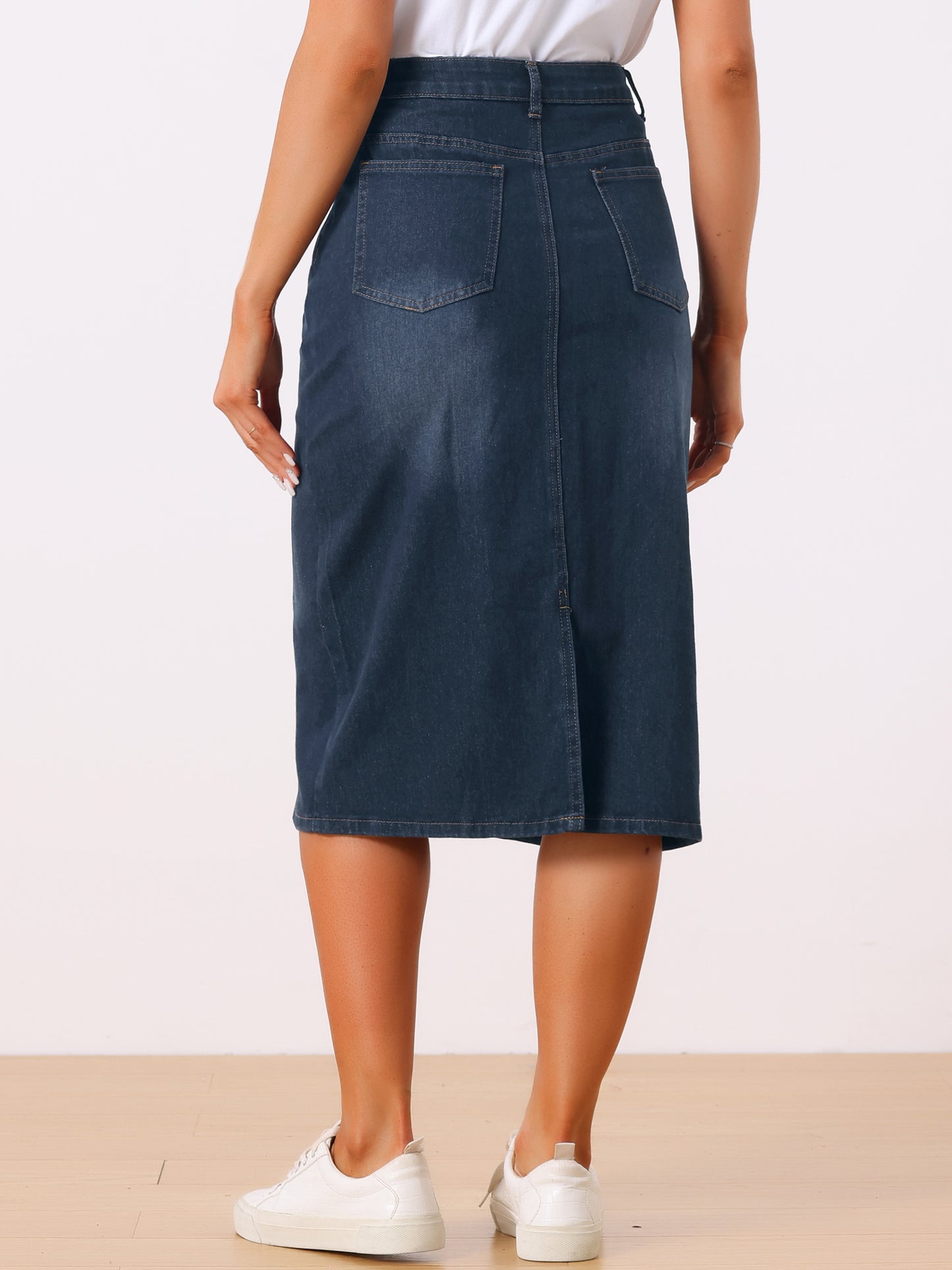 Women's Casual Denim Skirt High Waist Split Back Pockets Midi Jean Skirt