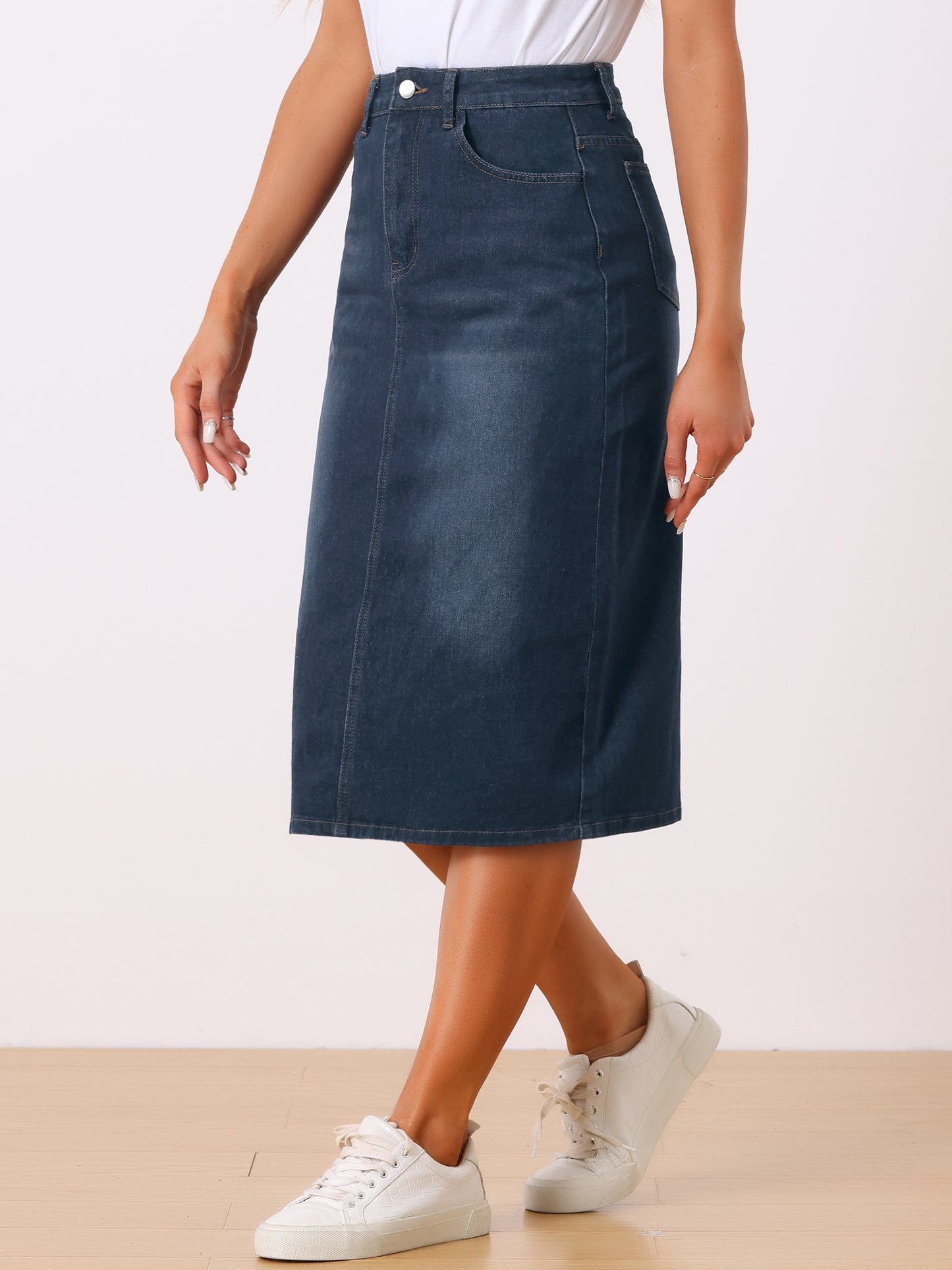 Women's Casual Denim Skirt High Waist Split Back Pockets Midi Jean Skirt