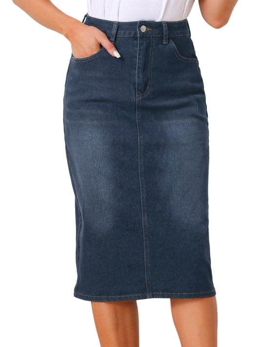 Women's Casual Denim Skirt High Waist Split Back Pockets Midi Jean Skirt