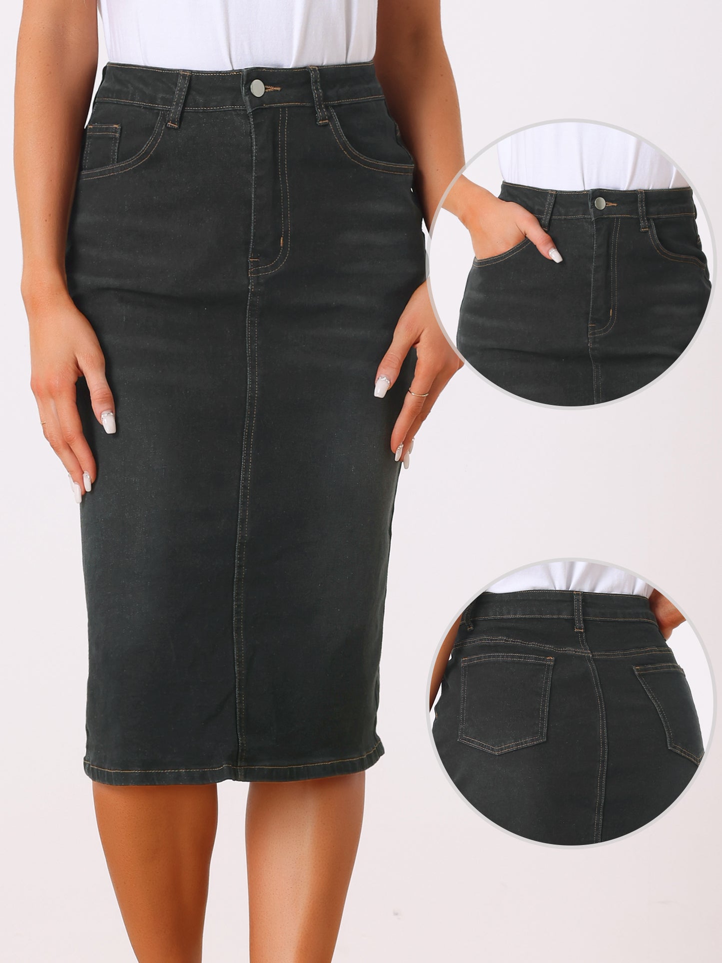 Women's Casual Denim Skirt High Waist Split Back Pockets Midi Jean Skirt