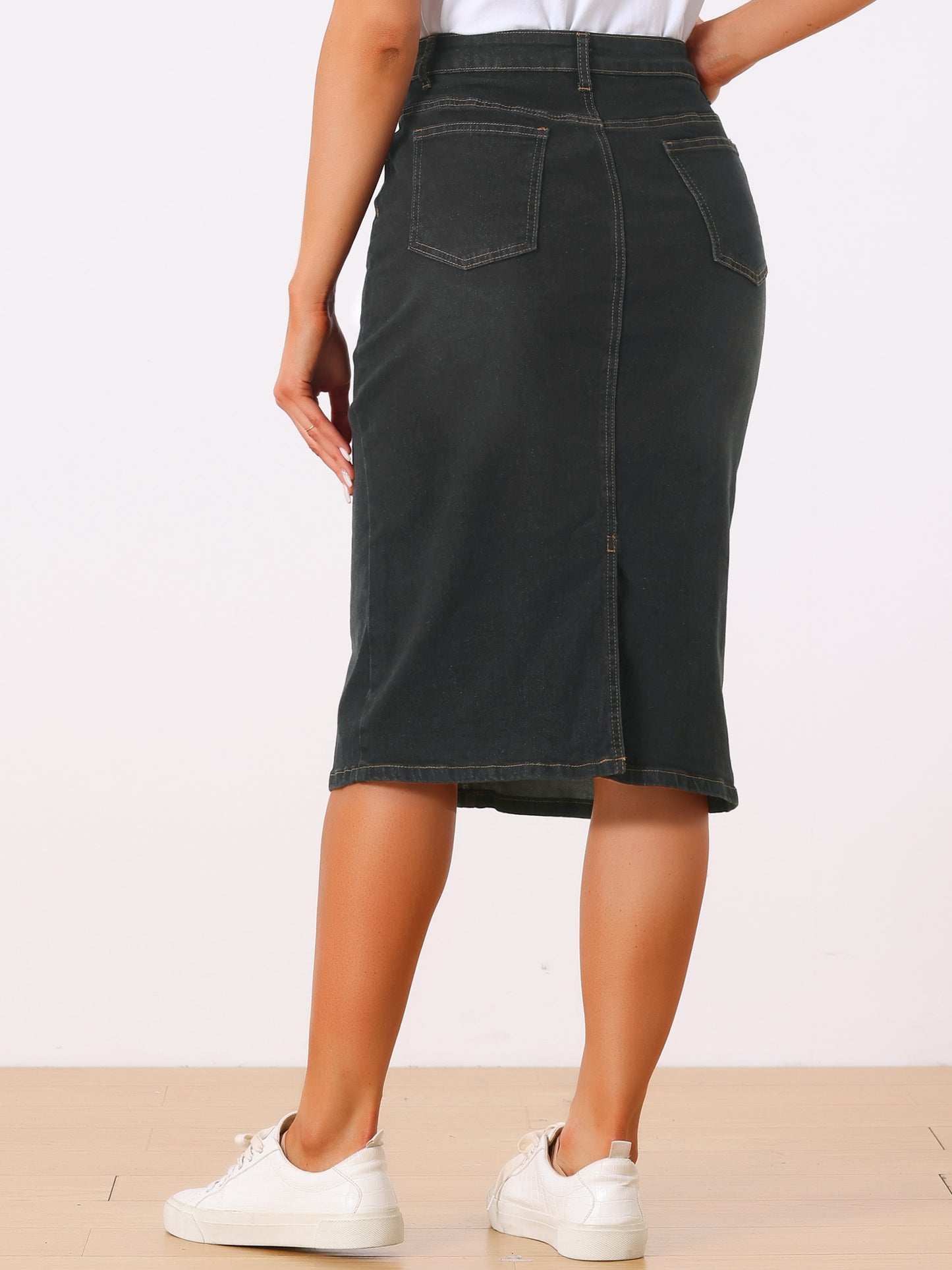 Women's Casual Denim Skirt High Waist Split Back Pockets Midi Jean Skirt