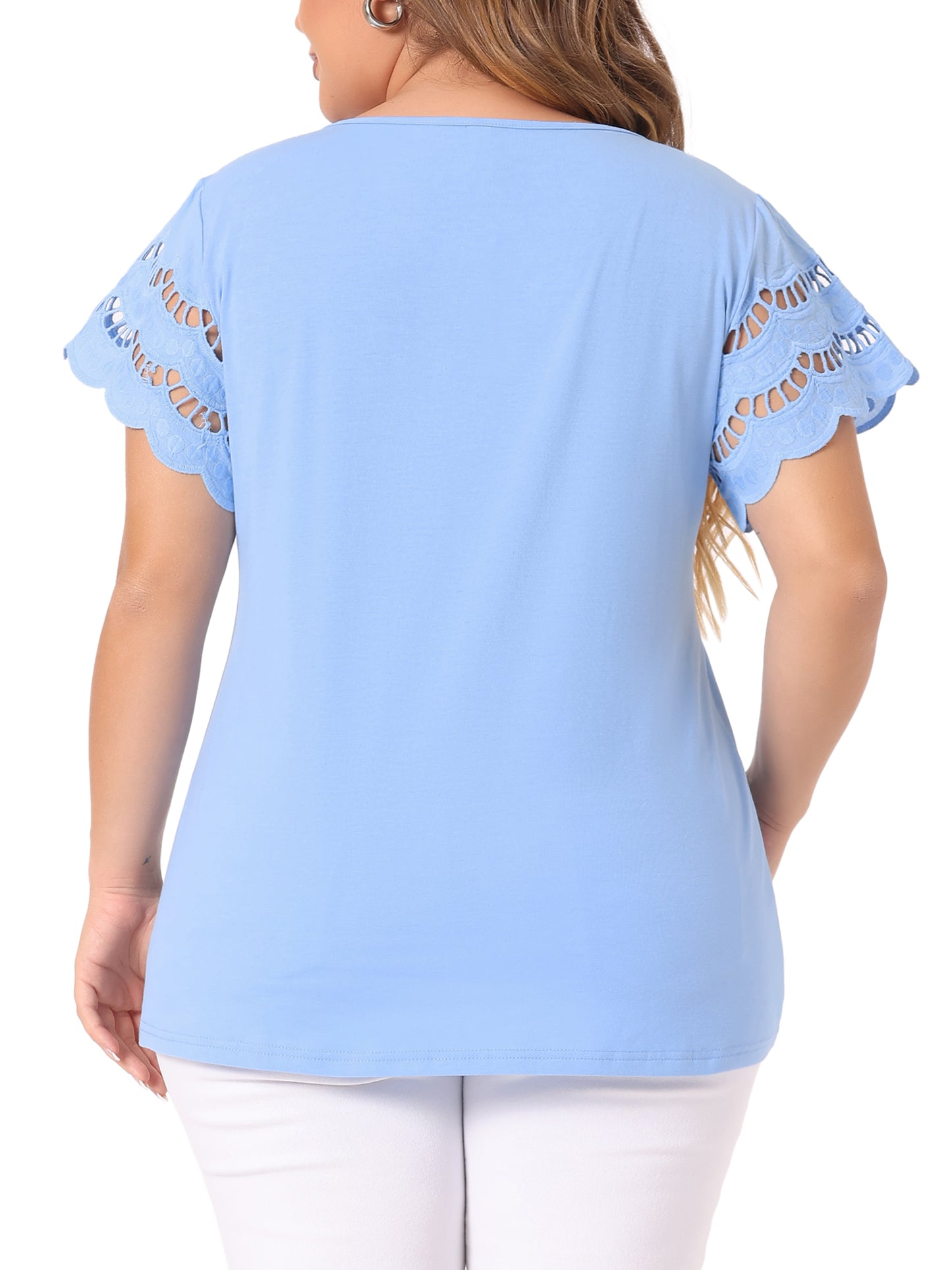 Women's Plus Size Top Round Neck Lace Panel Hollow Short Sleeve Elegant Summer Blouse